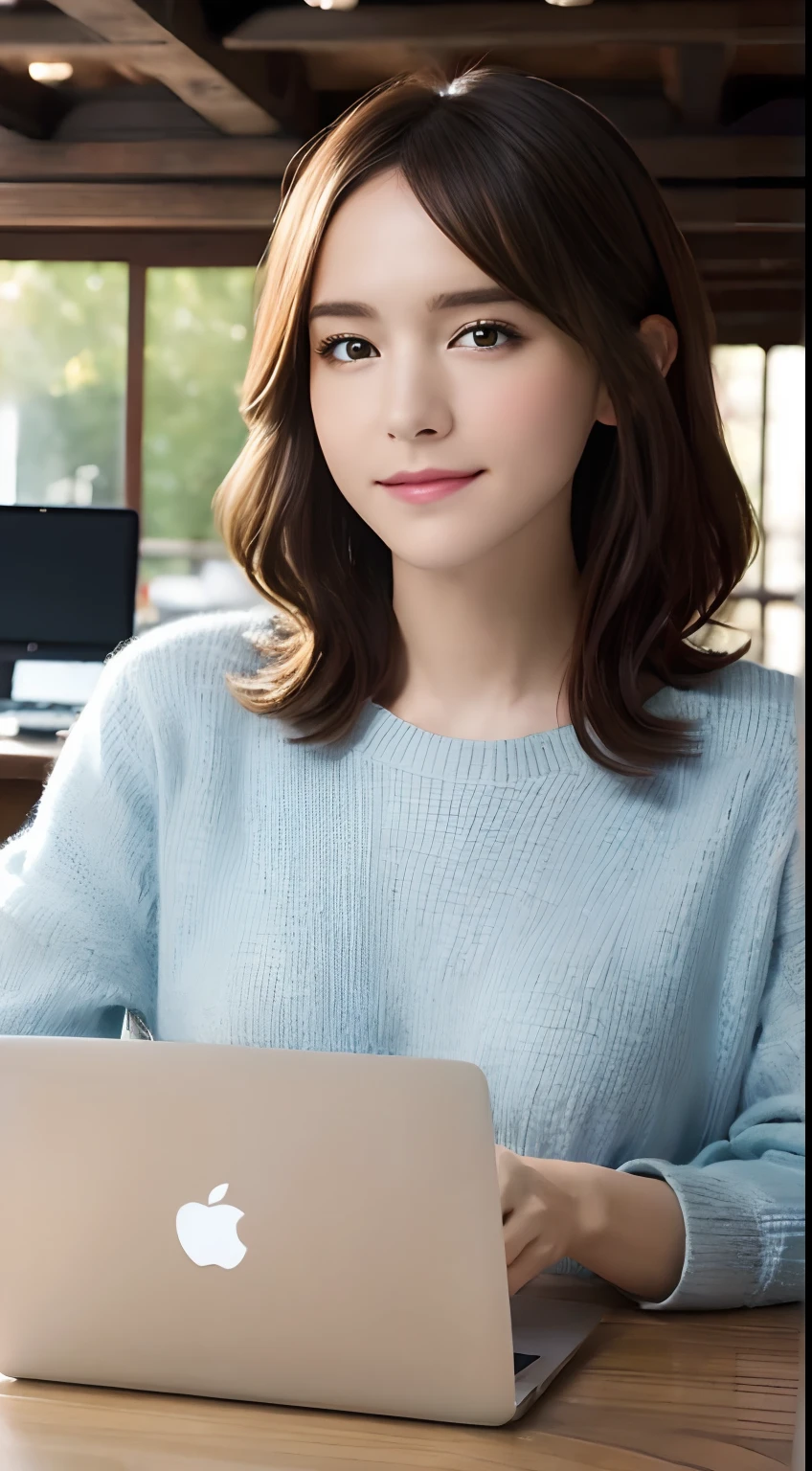 (A hyper-realistic), (hight resolution), (8K), (ighly detailed),  (beatiful detailed eyes), (top-quality), (ultra-detailliert), (​masterpiece), (A detailed face), softfocus、face of emma watson、Colossal tits、japanes、cafes、Starbucks、A coffee cup and a MacBook are placed on the desk、A smile、There are a lot of people in the background