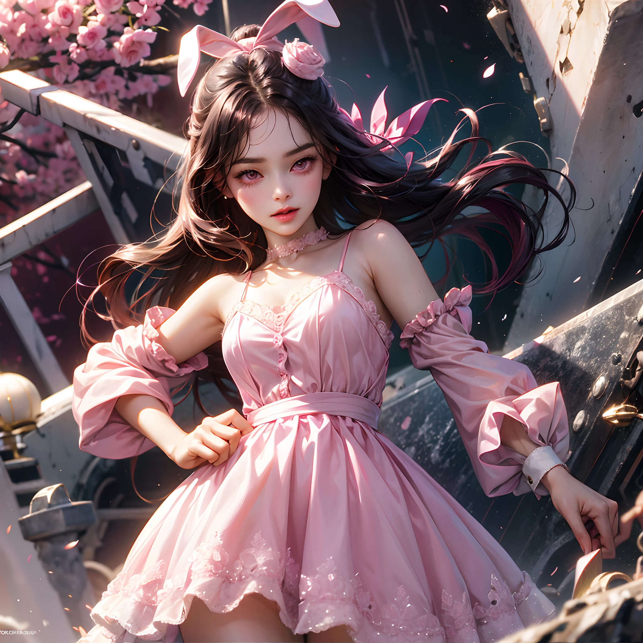 femele, Pink Bunny Ears, Black hair, Pink eyes, Pink dress