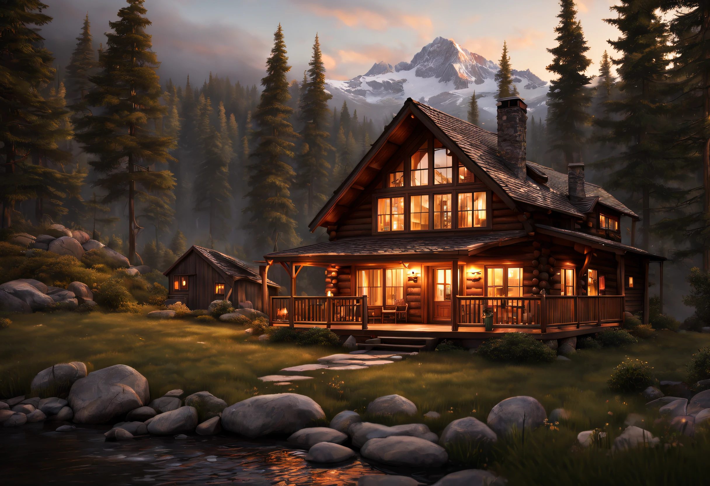 (best quality,4k,8k,highres,masterpiece:1.2),ultra-detailed,(realistic,photorealistic,photo-realistic:1.37),mountain cabin,cozy fireplace,warm lighting,serene atmosphere,wooden interior,panoramic view of the mountains,crisp fresh air,peaceful sounds of nature,beautiful sunrise/sunset,stone pathway leading to the cabin,homely decor,comfortable furniture,steaming hot cocoa,majestic snow-capped peaks,thick fluffy blankets,smoke rising from the chimney,quiet solitude,faint smell of pine,sparkling starry night sky,misty morning mist enveloping the cabin,subtle aroma of freshly brewed coffee,crackling fire burning in the background,rustic charm,wooden rocking chair,bookshelf filled with well-loved novels,soft candlelight,enchanted forest just steps away,tranquil lakes reflecting the mountains,cozy nooks for relaxation and contemplation,inviting porch with a swing,invigorating mountain hikes,frosted windowpanes,wooden beams on the ceiling,stepping stones leading to a hidden garden,whispering wind flowing through the trees.