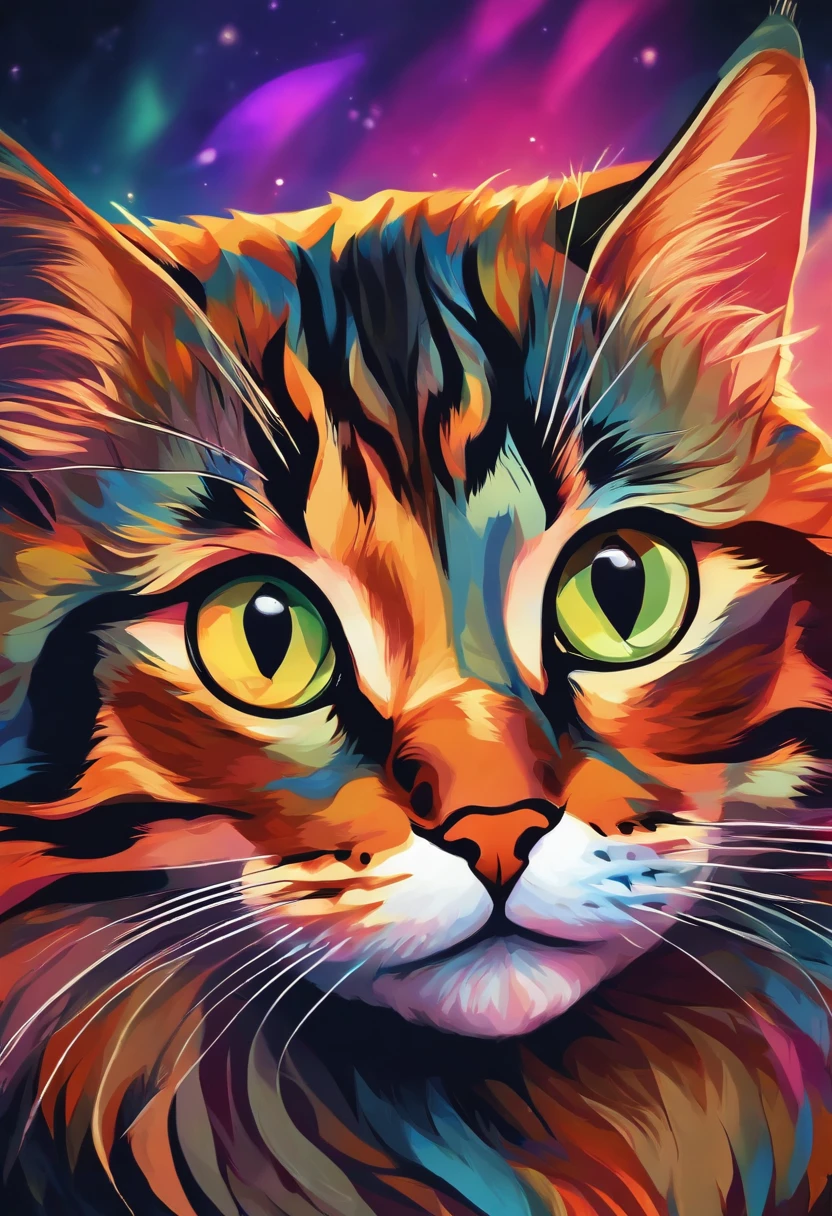 A colorful cat stares straight ahead, Multi-dimensional art style, Royal background, 16K HD wallpaper,top-quality,Ray tracing,ghibli artstyle,Anime Real Cat - Animal Concept Art