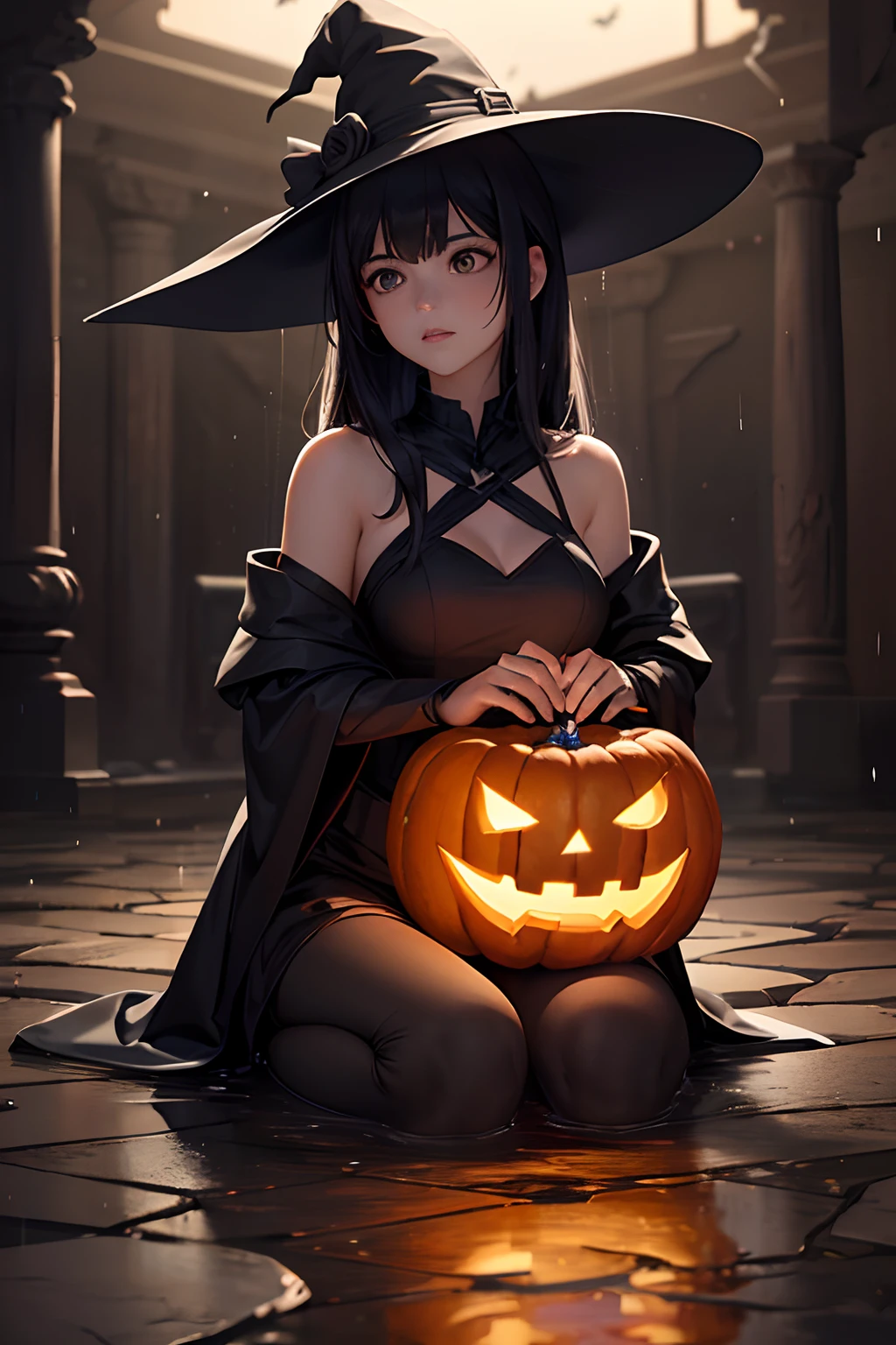 (Best Quality, masutepiece),( dark sky, Heavy rain, Inside the ruined temple, Low-water stagnant water, ), Realistic background, 2112, light*_Black_Particle,top-quality,masutepiece,独奏,Halloween Cosplay,witch's hat,Big brimmed cap,14Cute girl of the year,((Jack-o'-lantern,Orange pumpkin:1.3、Peeler Candle,Ball Candle))),the bats,Flying bats,longshot, (low angles), (top down), Realistic scale,Significant shrinkage:1.5、photos realistic、Super Detail, Realistic, Super realistic, lifelike rendering, (((darkened room:1.3))),Professional Photographer
