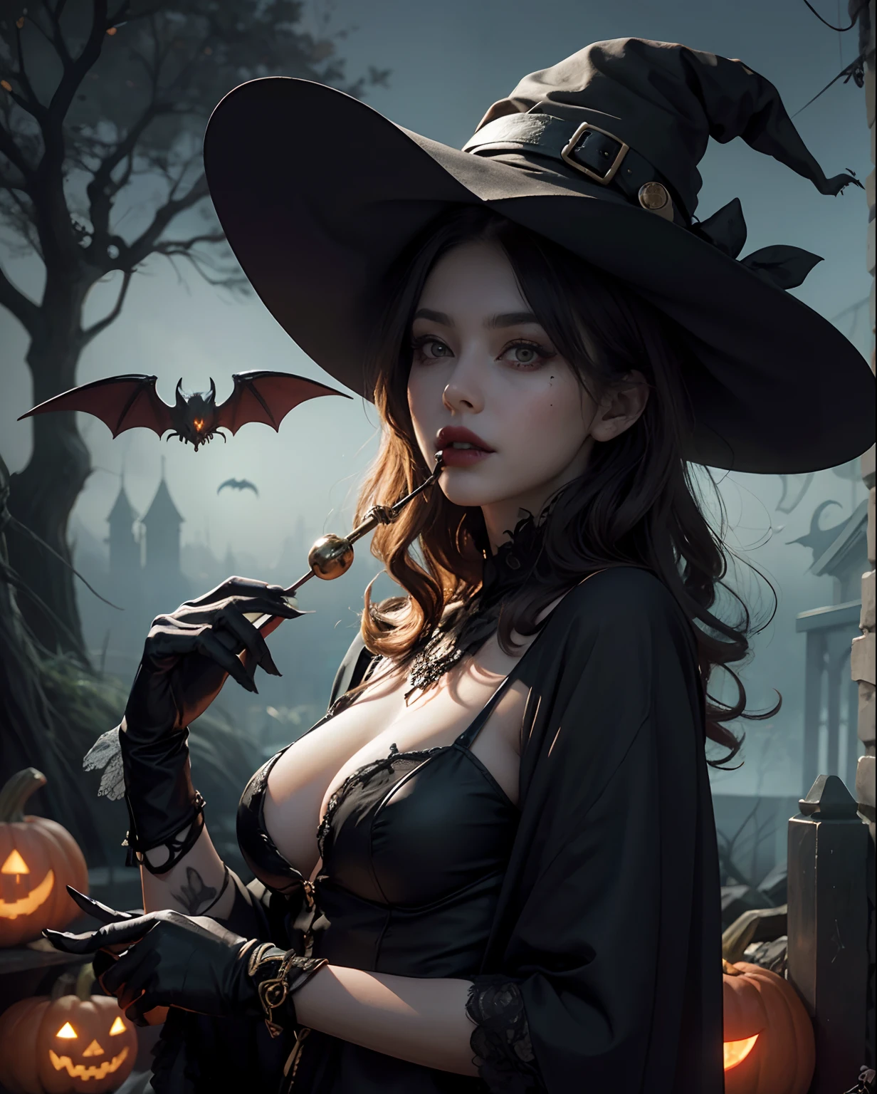 Best quality, masterpiece, meticulous details, intricate detail, realistic, a hot futuristic lady amidst spooky halloween vibes, witch hat, pumpkins around, bats everywhere, spooky environment, hot lady, dark makeup, dark lips