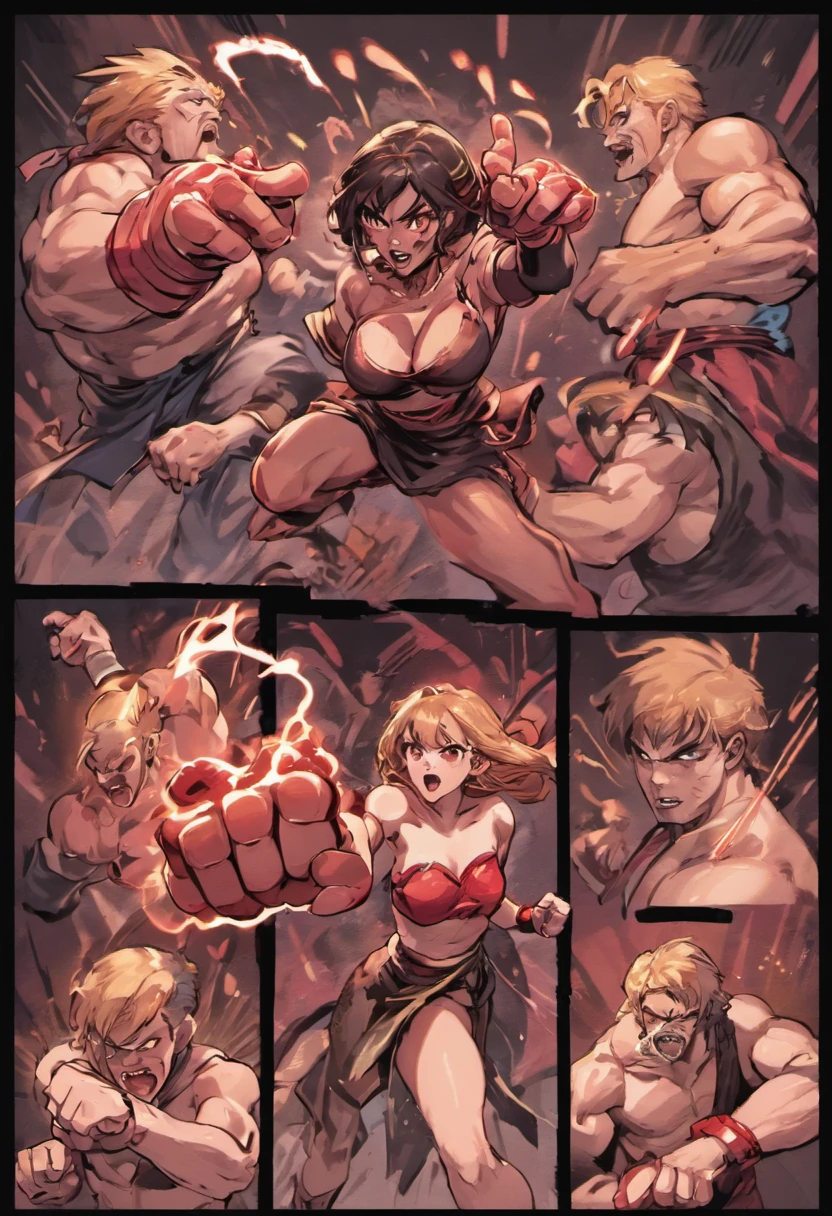 Comic storyboard: 1.8, Comic layout, "Martial arts competition, A battle between men and women", Outdoor arena, Fight with bare hands, Fighting spirit, Kamehameha, Accurate anatomy, (isolation: 1.1), (reflective light: 1.2), glass, Super detailed, twists, oil on the canvas, Dry brush, Detail Enhancement, dynamicposes、dynamic compositions、detailed finger、The detailed hand、A detailed face、32K , hyper HD, Comic panel layout, Voice bubbles, English text, Hand-drawn audio stickers used in cartoons, Heart Talk, Read the ellipses, Spoke question mark, Read the exclamation mark, Read notes aloud, Otherworldly, 1990s style ), Effect lines