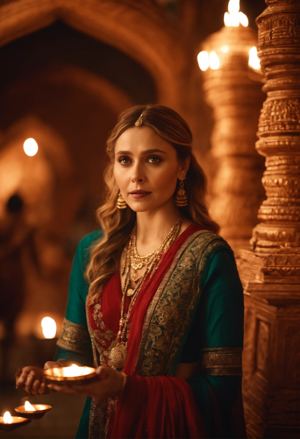 Masterpiece,highres,Elizabeth Olsen in Indian attire, holding diya in hand ,in the temple