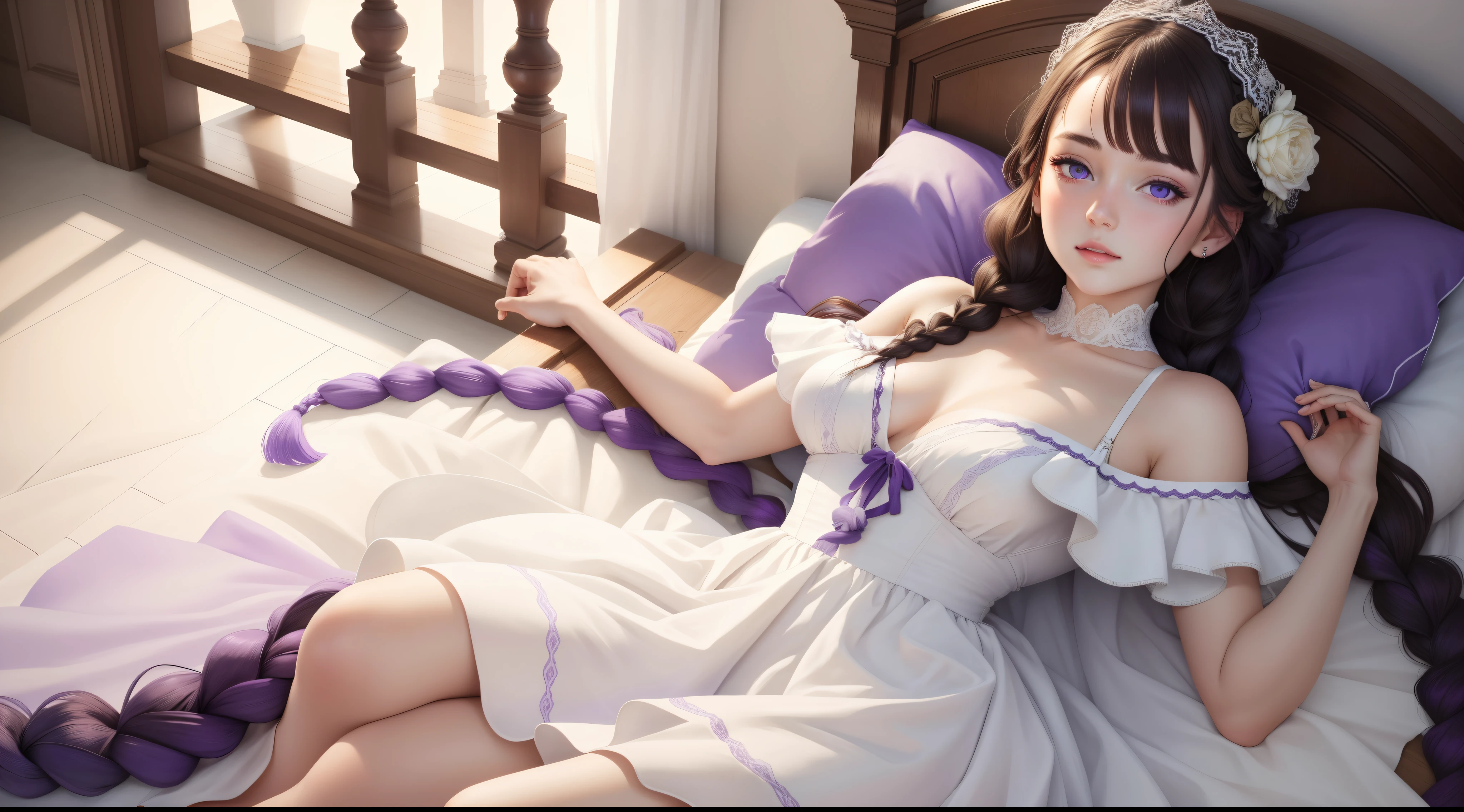 1girl,highres,  high quality,  masterpiece, mxmkWhiteDress,  bare shoulder, purple eyes, white dress, braid