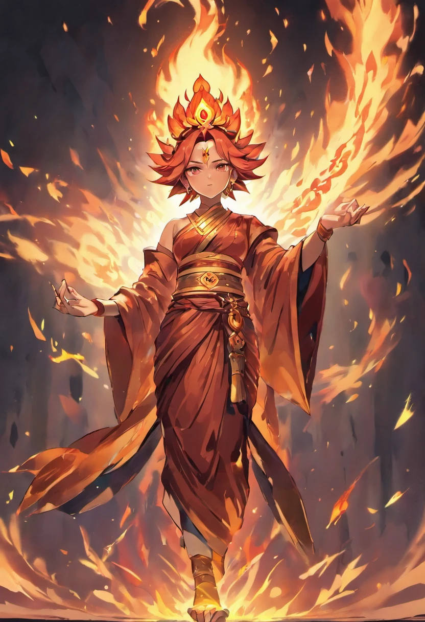 (((AGNI))) best quality, ultra-high resolution, 4K detailed CG, masterpiece, The God of Fire,Indian clothing, Vedic mythology, ((STANDING POSE)), Vedic painting style, aesthetic, centered on the screen