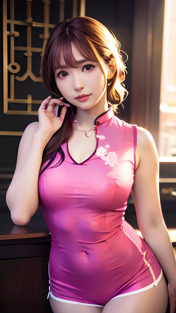 Best Quality, masutepiece, Hi-Res, One girl, (Wearing a short cheongsam,)Large breasts:1.2,You can see the chest,Necklace, Jewelry, Beautiful face, Inserting a into the_Body, Shorts look、FULL BODYSHOT、Tindall Effect, Photorealistic, Dark Studio, Rim lighting, Two-tone lighting, (high-detail skin: 1.2), 8K UHD, Digital SLR, Soft lighting, High quality, Volumetric lighting, Candid, Photography, High resolution, 4K, 8K, Bokeh,