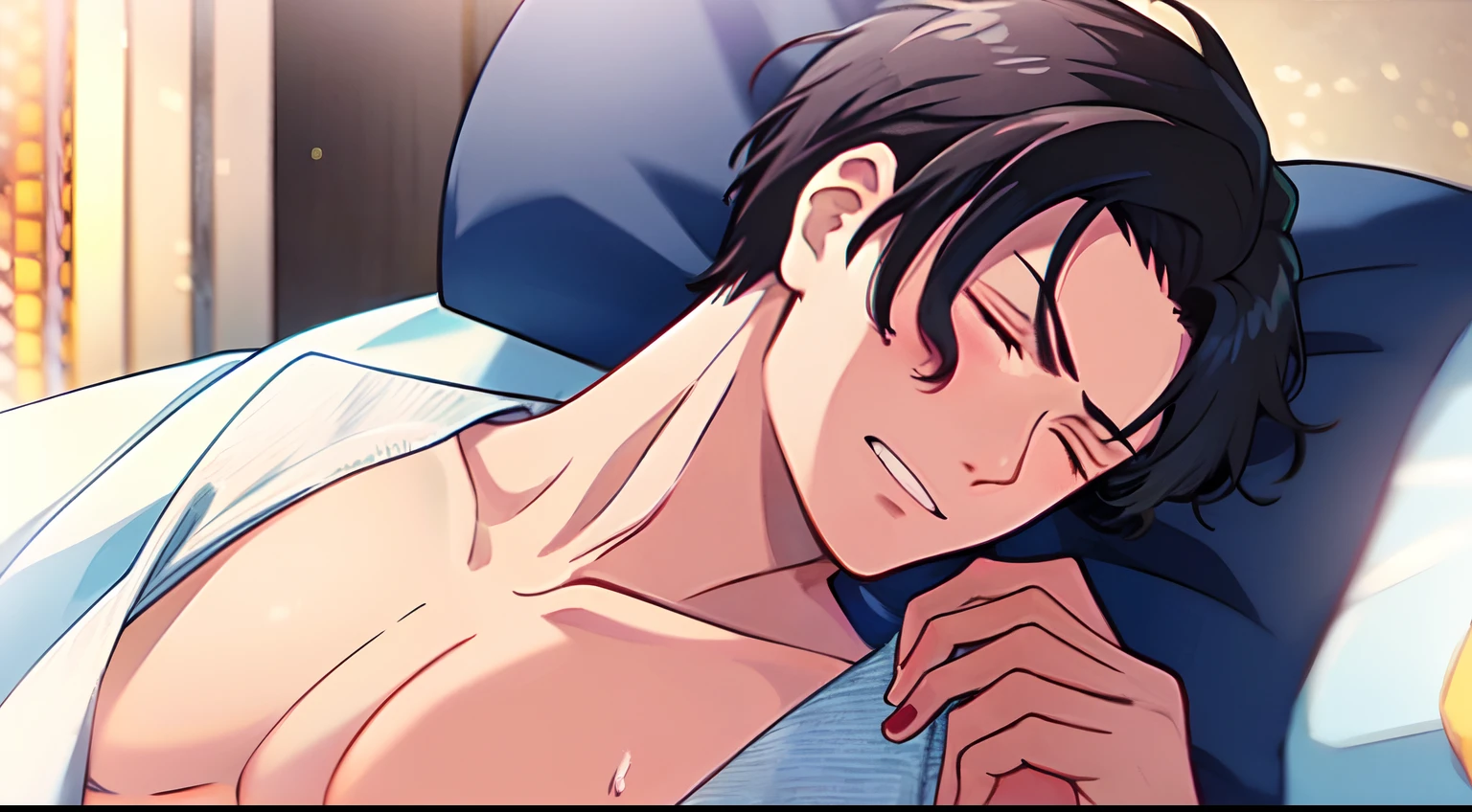 masterpiece, (1Man), Solo, luci, red eyes, black hair, naked, bare chest, blush, aroused, closed eyes, painful, gritting teeth, bed, bedsheets