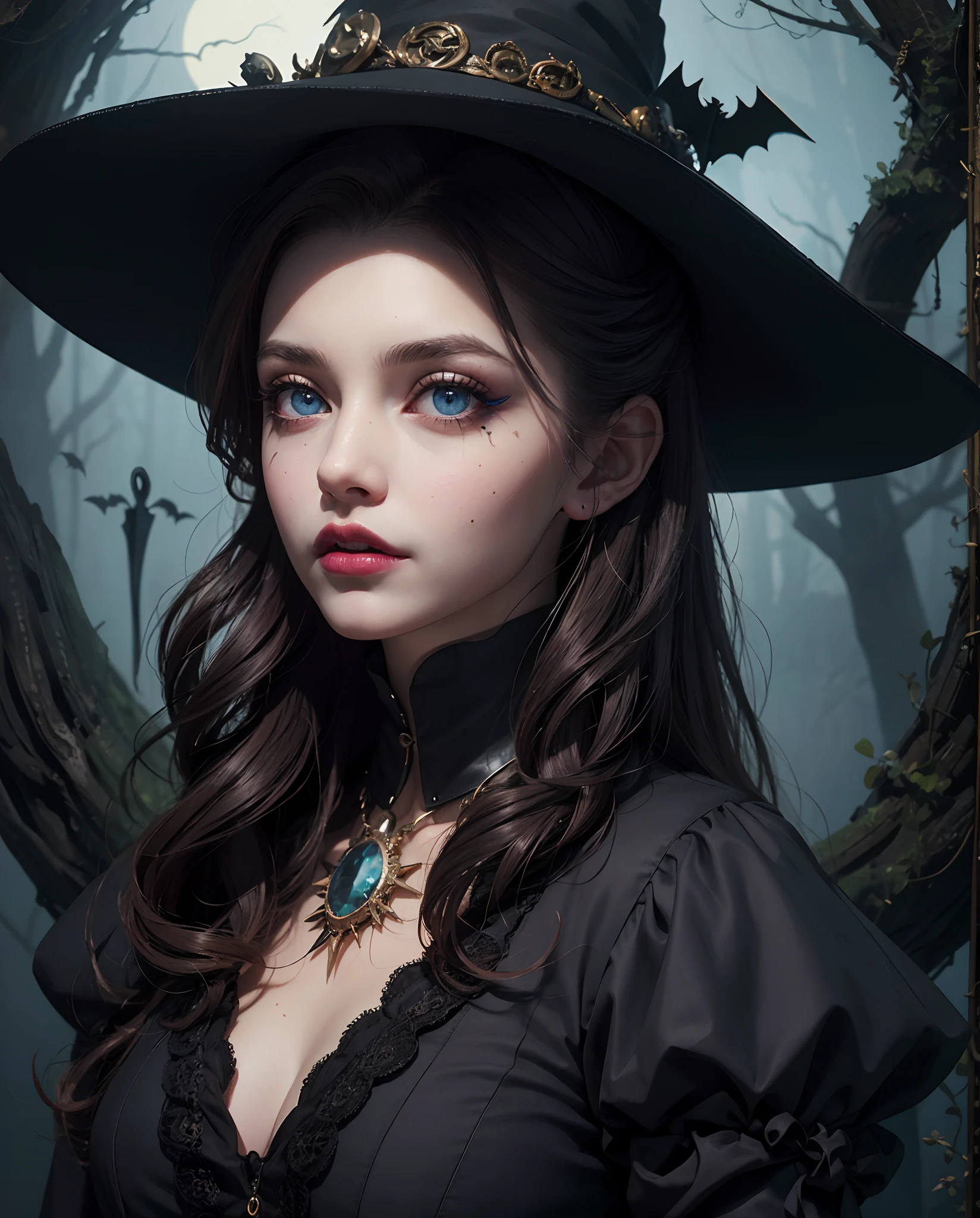 Best quality, masterpiece, meticulous details, intricate detail, realistic, a hot futuristic lady amidst spooky halloween vibes, witch hat, pumpkins around, bats everywhere, spooky environment, hot lady,big eyes, blue eyes eys,beautiful faces for evil witch ,dark makeup, dark lips, graves and ghost s in background