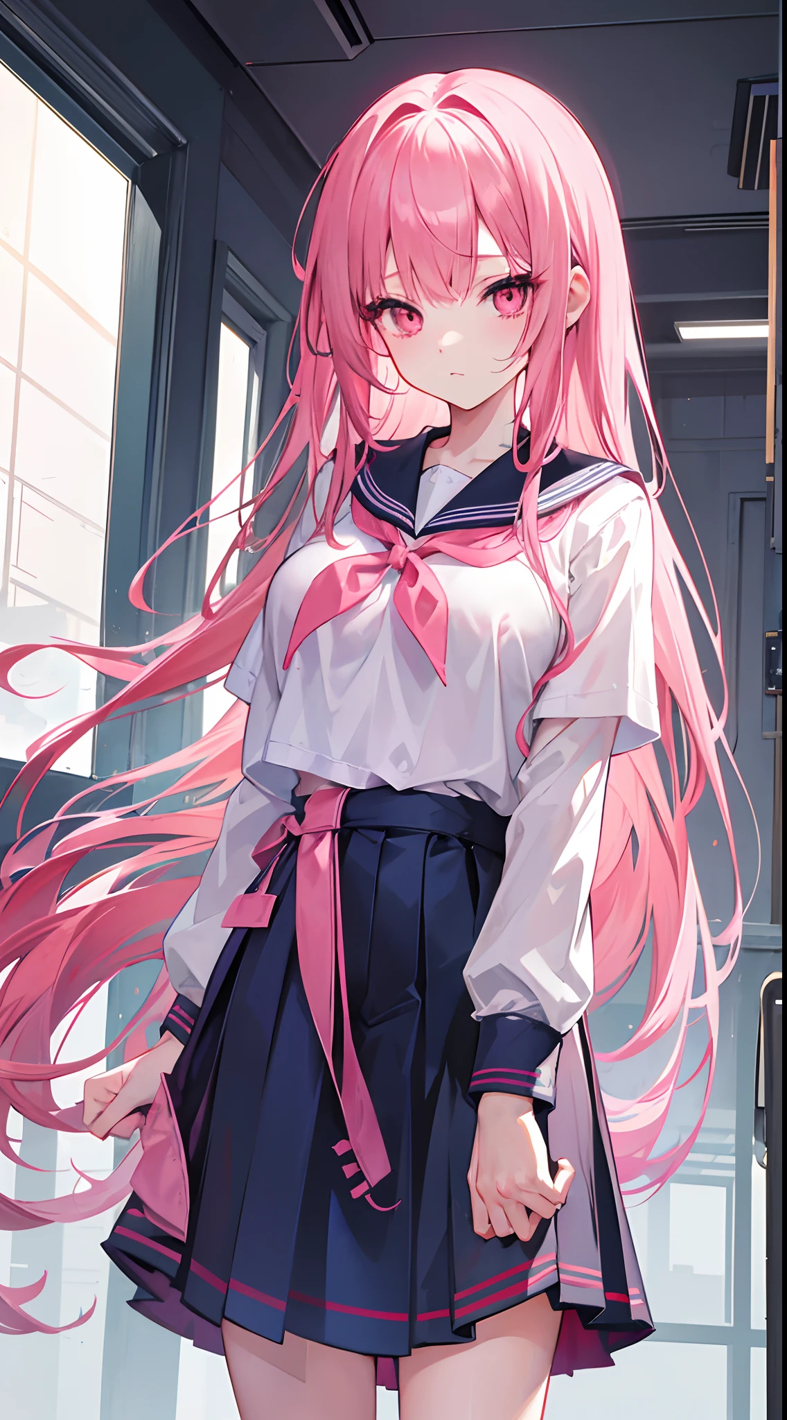 Long pink hair to the waist,dual horsetail,Girl with pink eyes in sailor uniform school uniform,huge tit,,Slimy look,Be red in the face,is shy,In the classroom,With your mouth open,Clothes were torn,Bend over