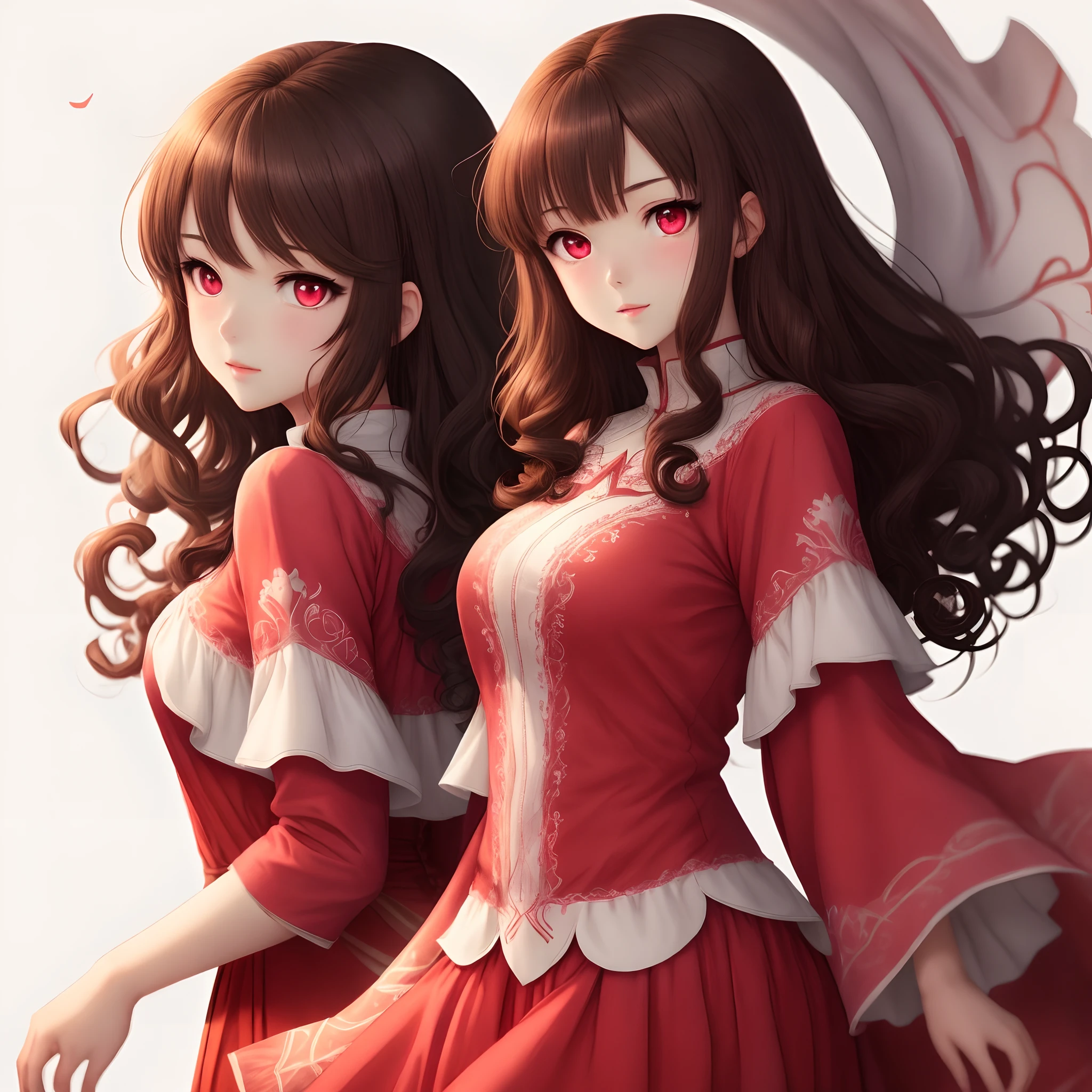 Anime girl, dark brown hair, White background, algerian clothes, red clothes, pink eyes, curly hair