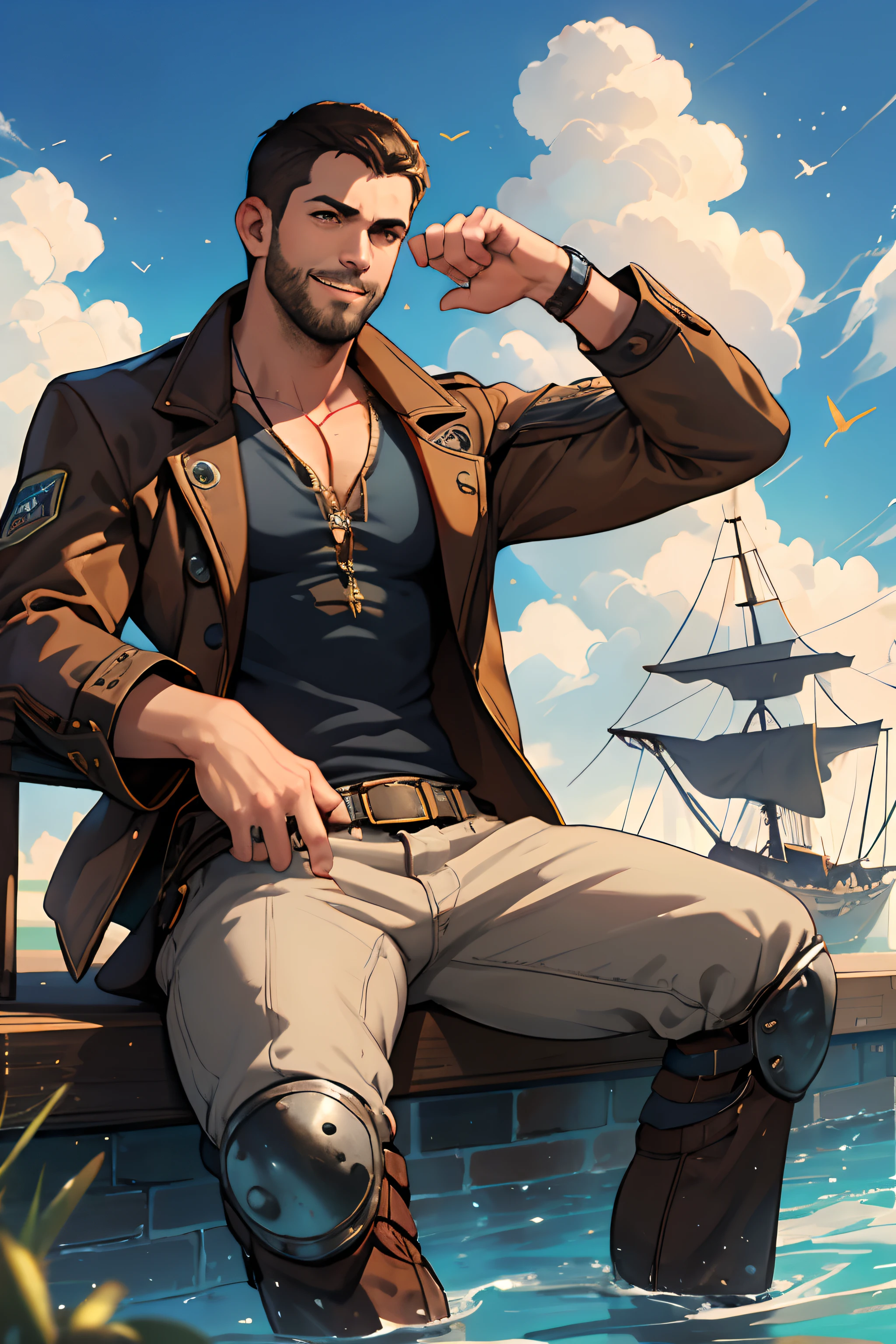 man, muscular male, big man, brown hair, very short hair, simple buzz cut, honey brown eyes, steampunk style clothes, thin beard, brown jacket, dark orange shirt, sitting, smile, enthusiastic expression, pirate ship background, cowboy shot beautiful sky, water, splash, blue sky, clouds, happiness