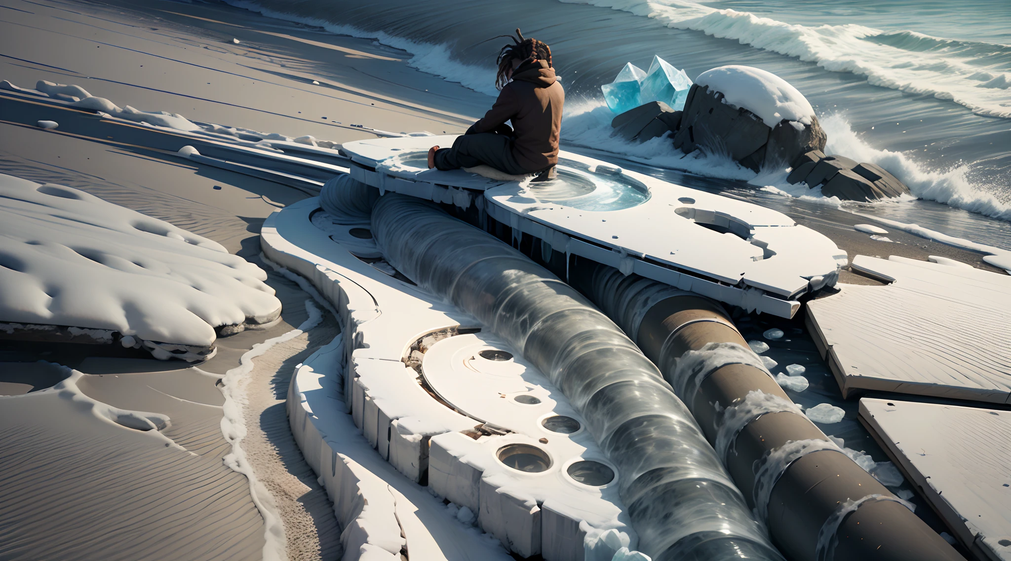 Man in Twist Dreads Ice Heart Background and Ice Around Broken Piece --auto --s2