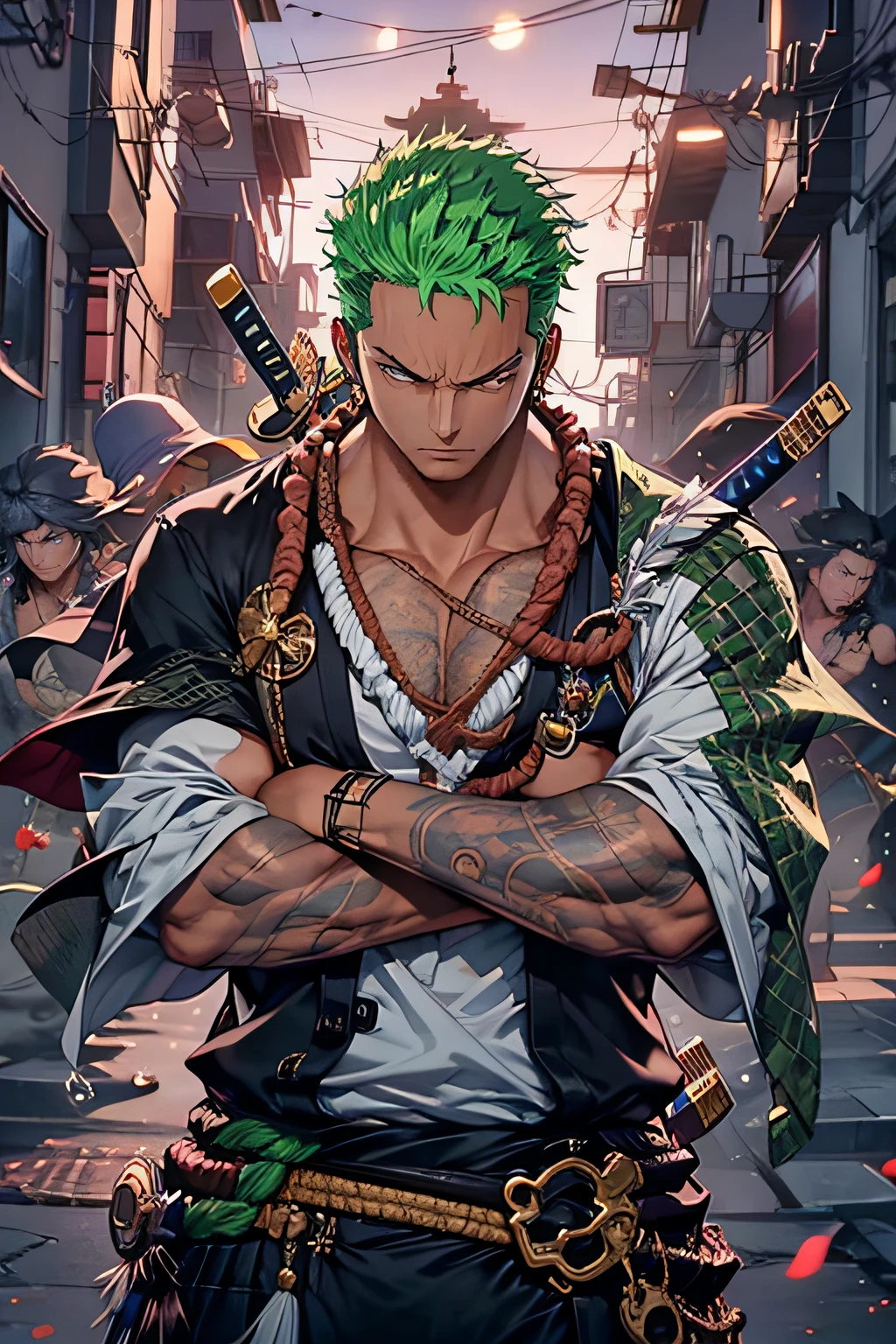 Zoro, sozinho, Olhando para o Viewer, sorrir, short hair, olhos vermelhos, 1st grade, propriedade, jewelries, parte superior do corpo, arma, Foco masculino, Brincos, Roupas japonesas, cabelos verdes, Chifres, espada, quimono, segurando arma, de lado, tatuagem, brilhante, cicatriz, segurando espada, Katana, cicatriz no rosto, cicatriz no olho, Detailed muscle physique, photorealistic representation, 4k resolution. Background Story: Dojo de artes marciais,UHD 32k, melhor qualidade, master part, Super Detalhe, Detalhes altos, ((strong man)).