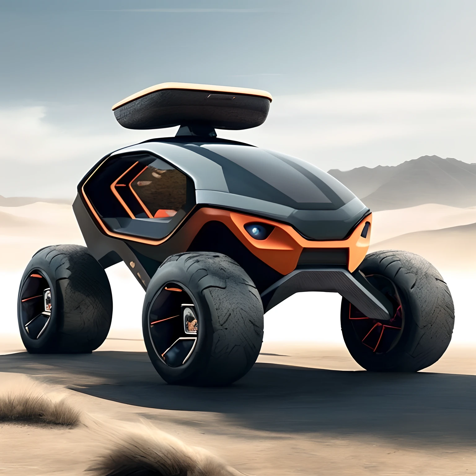 create image of a tesla optimus humanoid with a plain black glass helmet head and a very fit athletic robotic built robotic body, sitting on the front trunk of  a cyber tesla offroad 