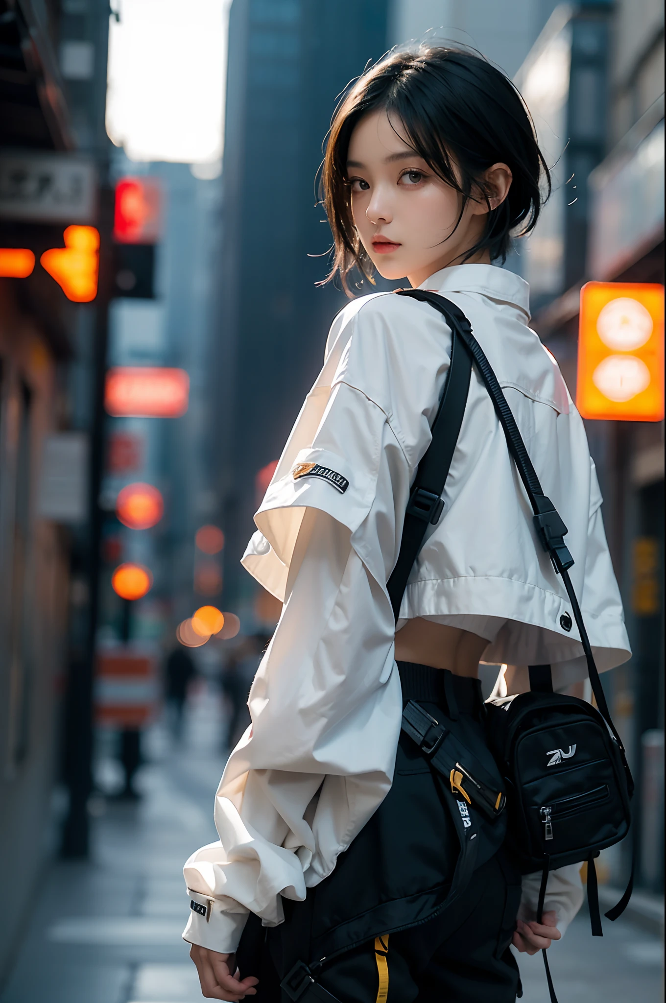 (masterpiece), best quality,1girl, short black hair, urban techwear, blurry background, eye focus, finger on lip, cowboy shot, huge city background, lora:GirlfriendMix2:1, zydG, looking over back, dramatic light, cinematic light