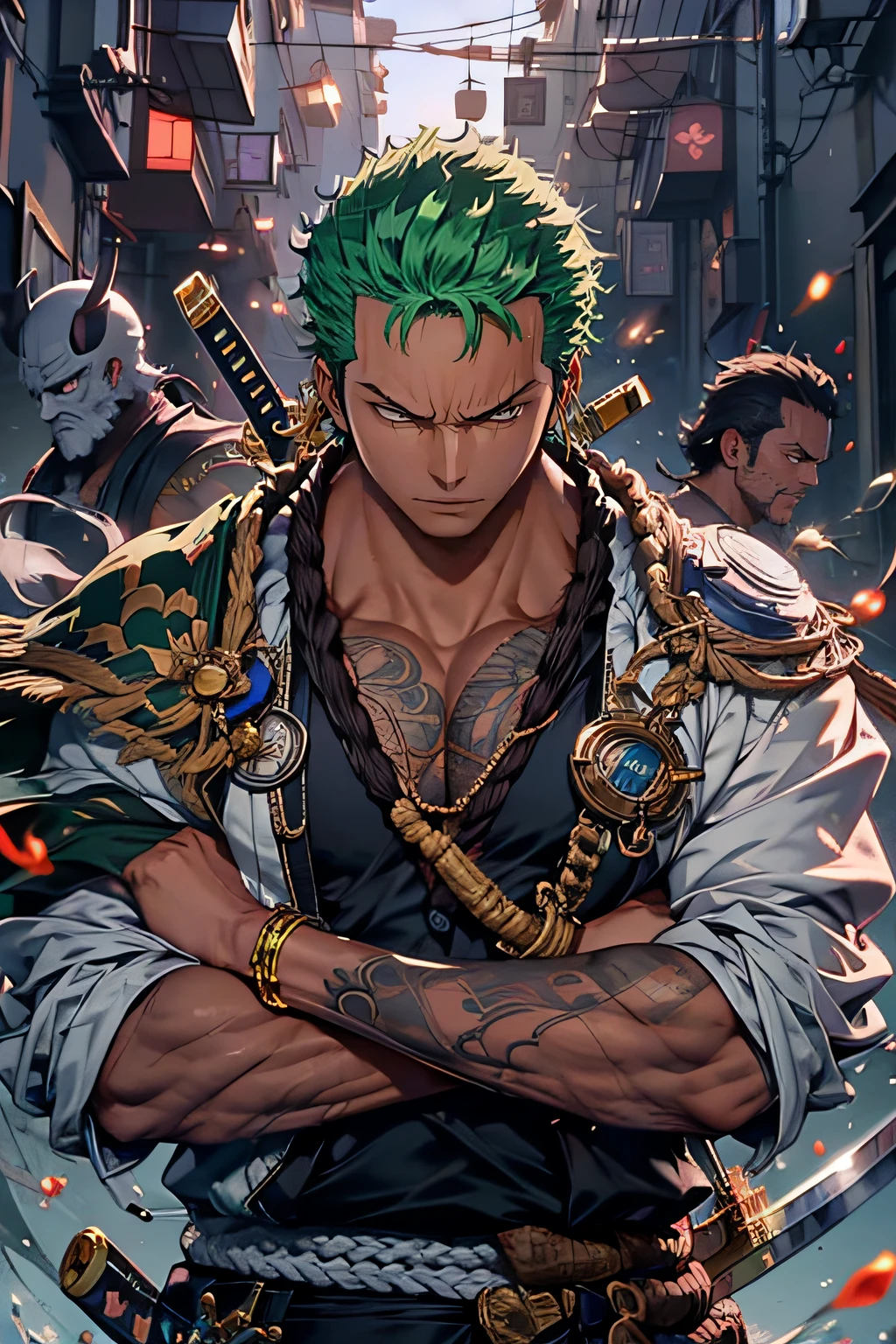 Zoro, sozinho, Olhando para o Viewer, sorrir, short hair, olhos vermelhos, 1st grade, propriedade, jewelries, parte superior do corpo, arma, Foco masculino, Brincos, Roupas japonesas, cabelos verdes, Chifres, espada, quimono, segurando arma, de lado, tatuagem, brilhante, cicatriz, segurando espada, Katana, cicatriz no rosto, cicatriz no olho, Detailed muscle physique, photorealistic representation, 4k resolution. Background Story: Dojo de artes marciais,UHD 32k, melhor qualidade, master part, Super Detalhe, Detalhes altos, ((strong man)).