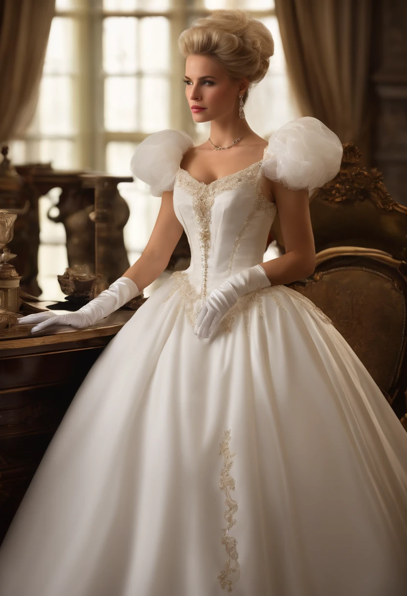 Best quality, Masterpiece, The noble queen wore a stately and delicate royal wedding dress in white satin tulle,Wear extra-long white gloves,Decorated with a huge ribbon bow, Lace, frilld, Woven pleats, Embroidery and jewelry, With large puff sleeves, Hourglass waist and voluminous Crinoline hoop skirt, bustle, and trains, white long gloves, pearl necklace and earrings, Long, Straight blonde hair draped loosely