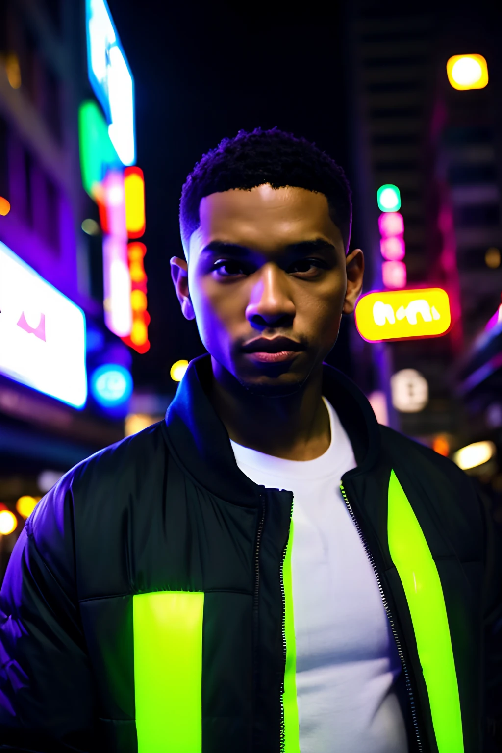 light skinned Black guy, street fashion, in shinjuku. wearing black, neon glowing background, realistic