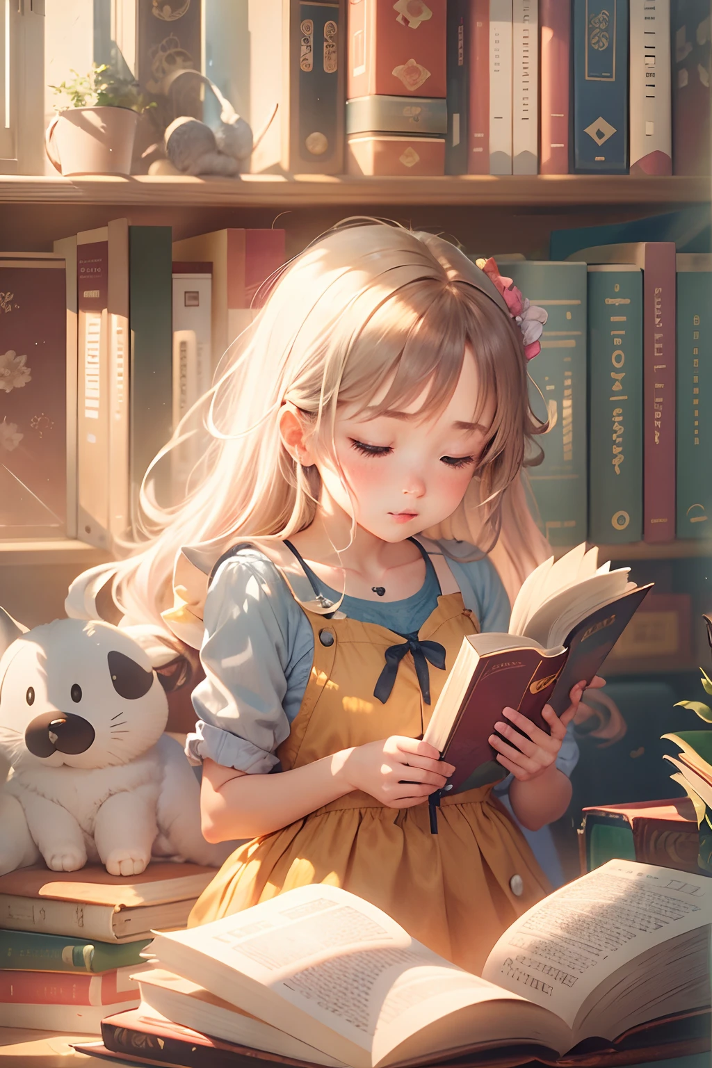 A cute girl, Read a book in the library, Sunlight outside the window.