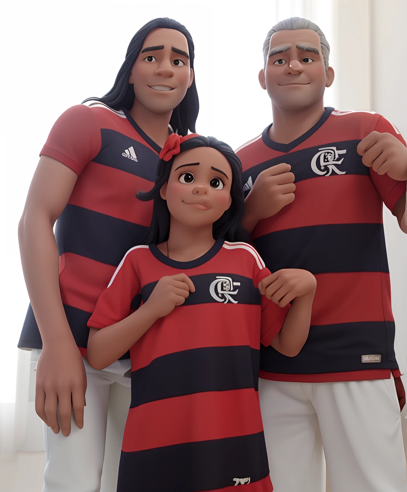 Flemish family posing for a photo in a room, homem negro de cabelos curtos, mulher de pele clara com cabelos lisos medios e escuros de lado, filha com cabelos longos e cacheados,  todos com a camisa do flamengo,  title: FLAMENGUISTA FAMILY