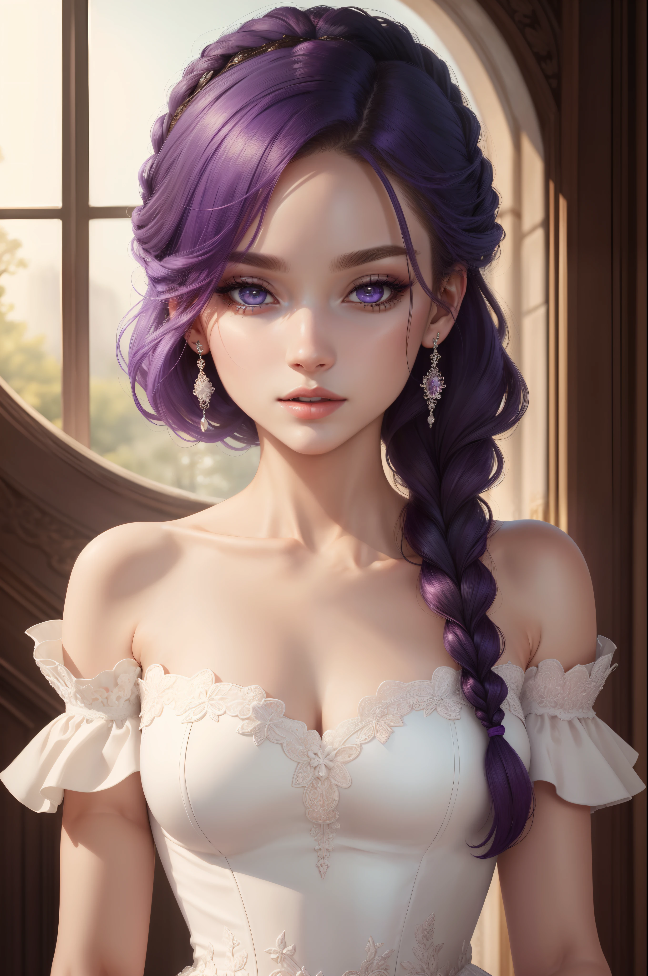 (highres, high quality, masterpiece:1.2), mxmkWhiteDress, bare shoulder, purple eyes, white dress, braid, beautiful detailed eyes, beautiful detailed lips, extremely detailed eyes and face, longeyelashes