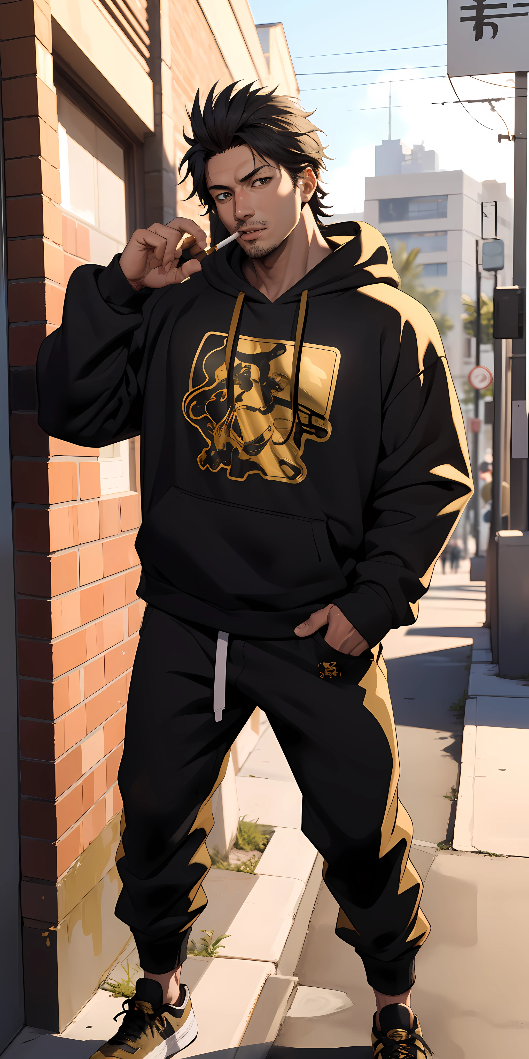 (masterpiece, best quality:1.2), Full body shot, solo, male focus, 1boy, yami sukehiro, muscular male, facial hair, slight smile, looking at viewer, wearing a Streetwear black Hoodie with gold accent, smoking a cigarette on mouth, cool pose