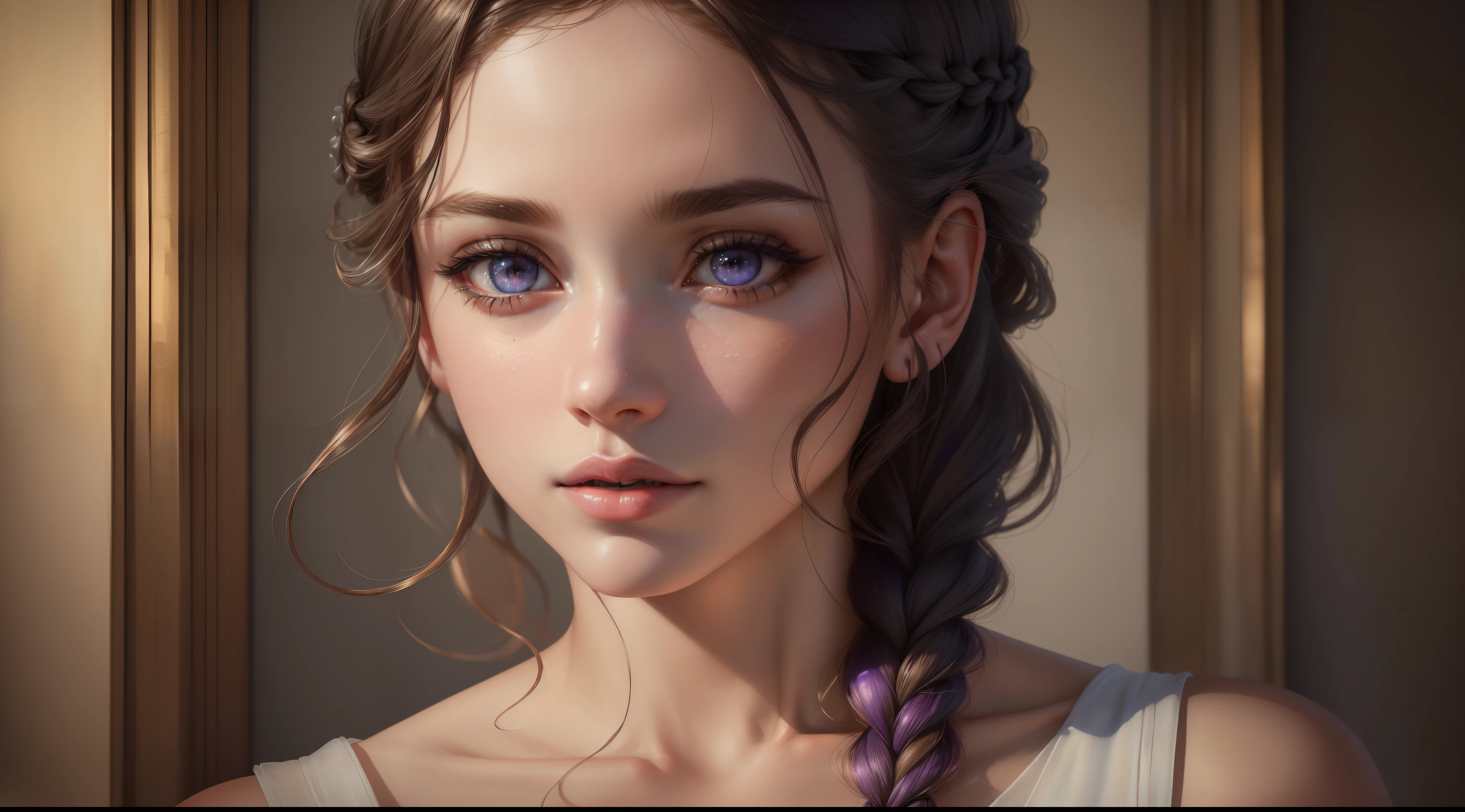 “(best quality, highres, high quality, masterpiece:1.2),ultra-detailed,(realistic, photorealistic, photo-realistic:1.37),girl,portrait,white dress,mxmkWhiteDress,purple eyes,beautiful detailed eyes,beautiful detailed lips,extremely detailed eyes and face,long eyelashes,bare shoulder,braid,soft lighting,vivid colors,pastel tones"