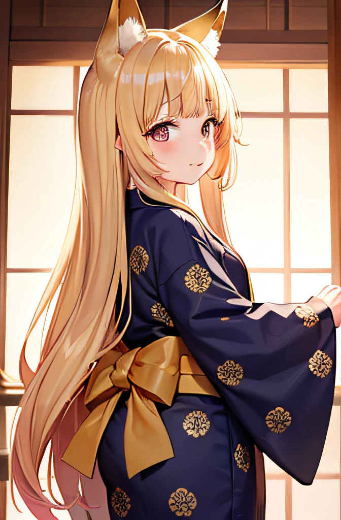 gold eyes,tareme,The upper part of the body_Body, front view, fatness, ,child,ars ol wept bangs, fox ear, yukata,blonde hair, long hair,Shiny hair, Seductive smile, Beautiful detailed eyes