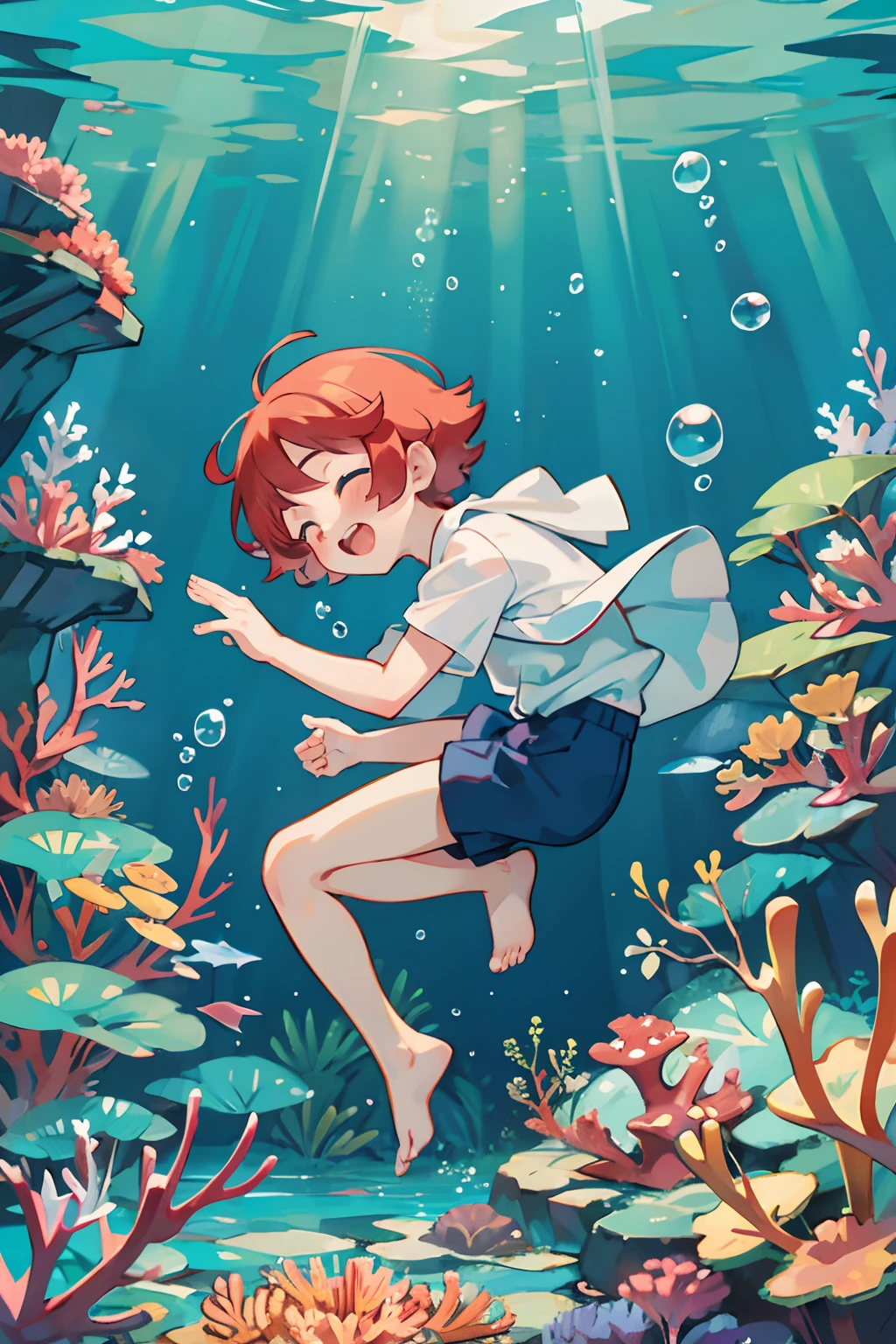 anime boy in purrpe hair, underwater, corals, bubbles, happy, clear shot