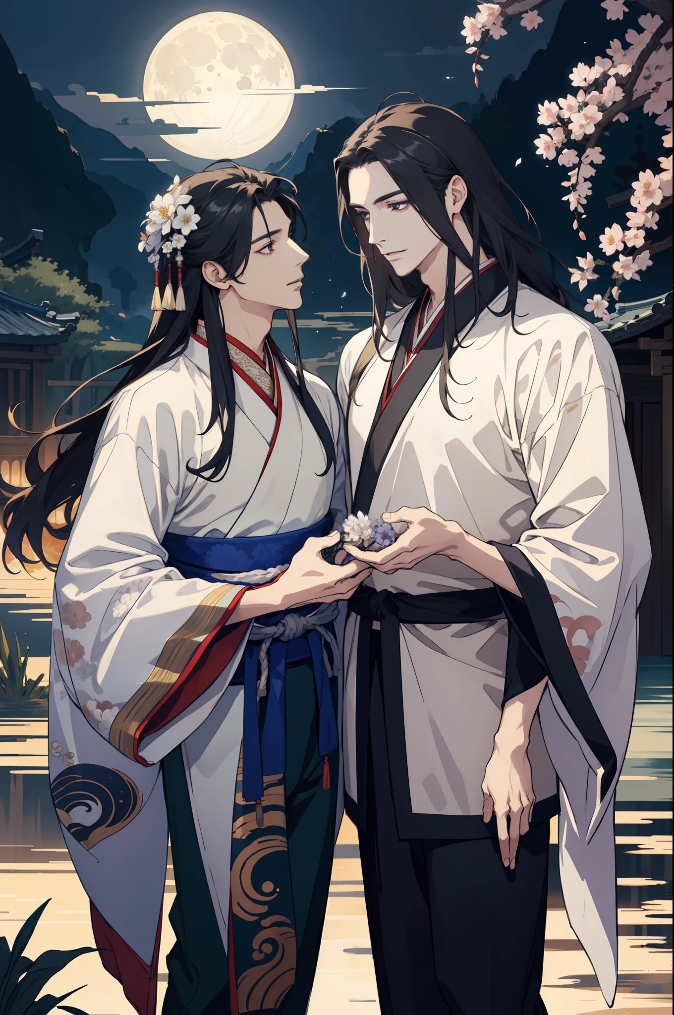 Two men...., Attractive, Lovers, finely detailed eyes and detailed face, long-haired, Fantasy, Spectacular background, Flapping flowers, moon light, Wear traditional Hanfu, Fantasy