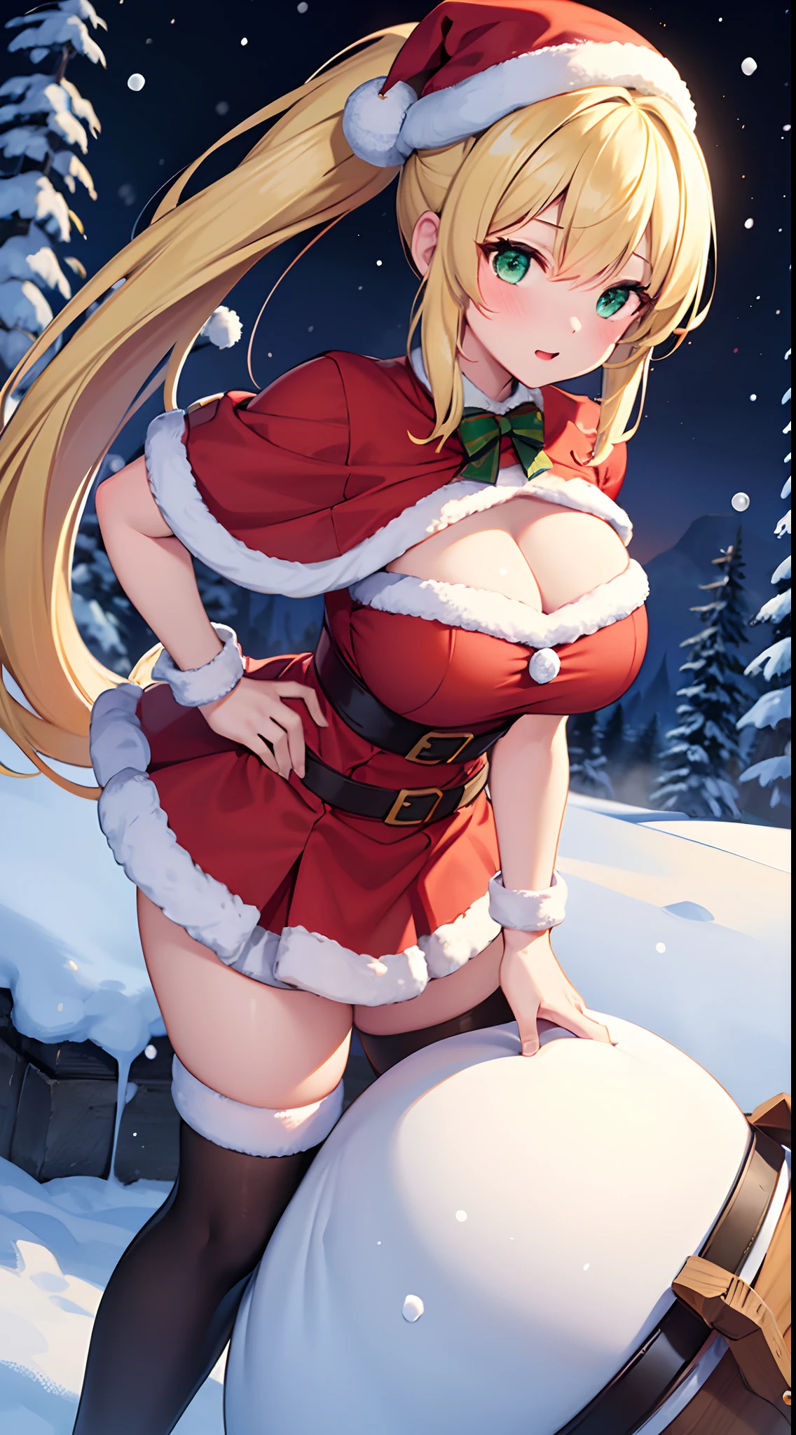 1 girl, game CG, mini Santa Claus costume, Santa Claus hat, gigantic breasts, blonde, middle hair, side ponytail, green eyes, snow, leaning forward, steam, night,