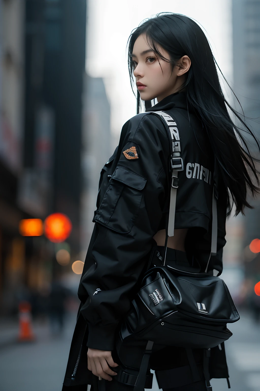 (masterpiece), best quality,1girl, black eyes, long hair, black hair, urban techwear, outfit, blurry background, eye focus, cowboy shot, huge city background, dramatic light, cinematic light, RAW photo, higly detailed, looking over back