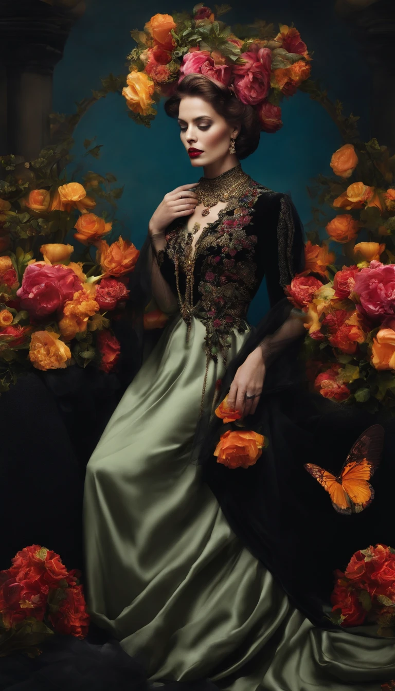 A woman in a green dress and a flower crown - SeaArt AI