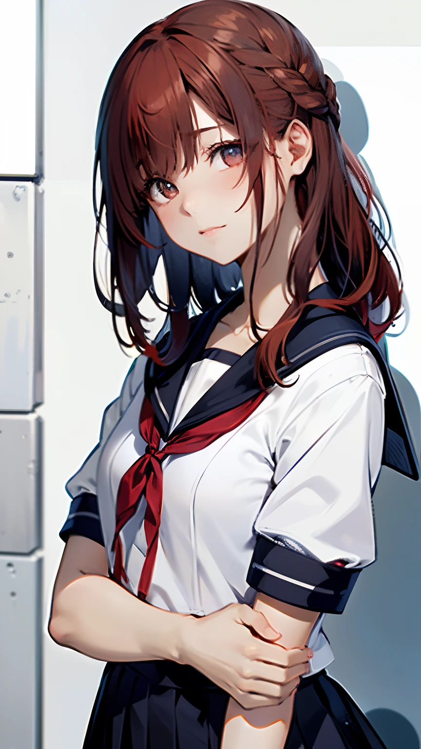 (top-quality, 8K, 32K, masterpiece, nffsw:1.2), (Raw photography), (realisitic), (Photorealsitic:1.2), (hight resolution), ultra-detailliert, extremely beautiful face and eyes, 1girl in, (Lori), infp young woman, round small face, big breasts thin waist、(((tiny chest)))、(((White wall background)))、slim proportions, (student clothes, a sailor suit、White sailor suit, Dark blue pleated skirt:1.23), (bustshot)、(((Red hair)))、((Sailor suit with short sleeves))、(((I'm sweating)))、(((Running)))、(((Troubled look)))