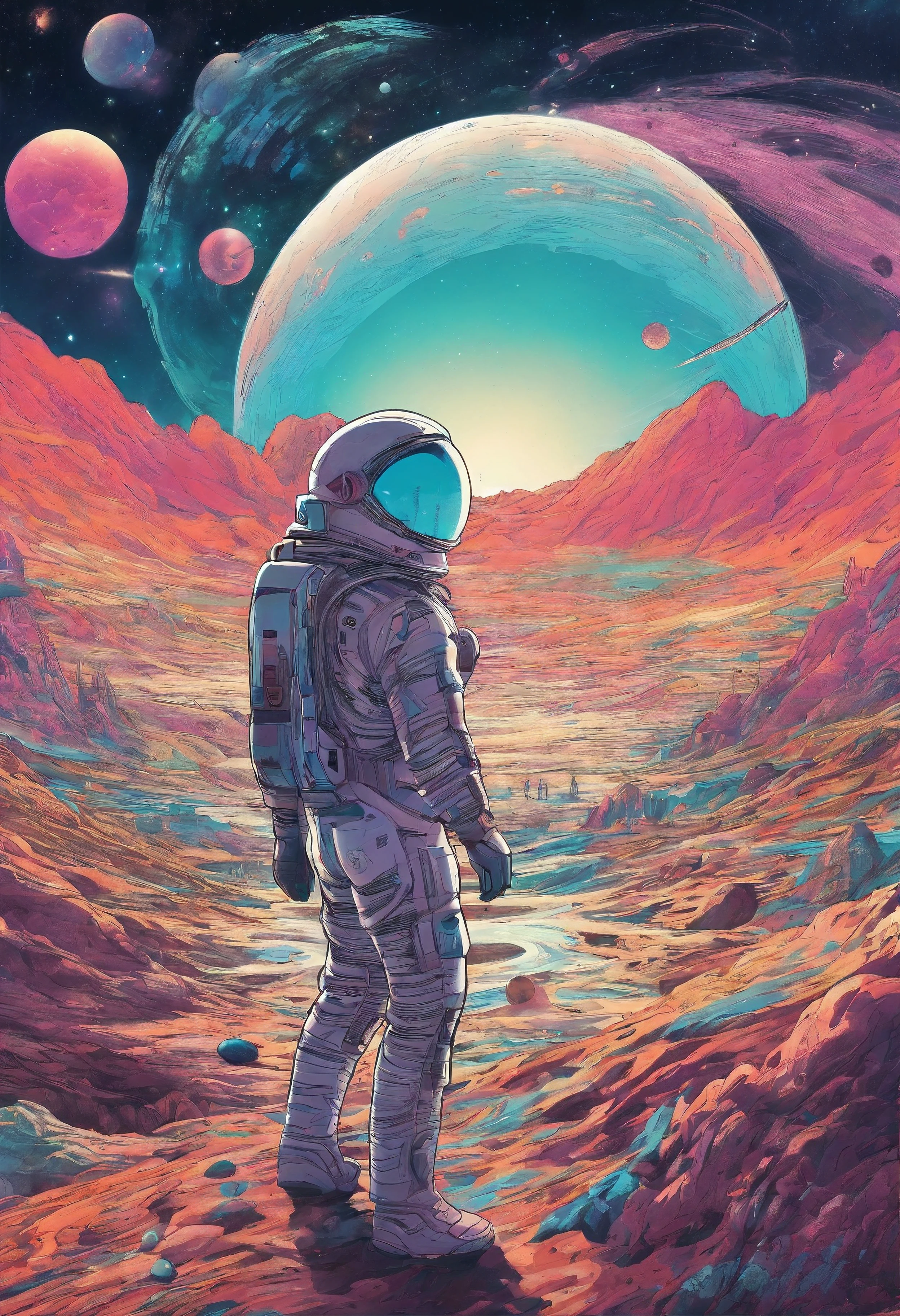 HD details, Close-up of a man in a spacesuit, planets in the background, psychedelic cosmic horror, psychedelic illustrations, cosmic space, plants growing, The world of psychosis, Background space graphic art, Cosmic illustration, cosmic space, cosmic lsd poster art, dmt space behind, Space scene, Surreal space, Cosmic style