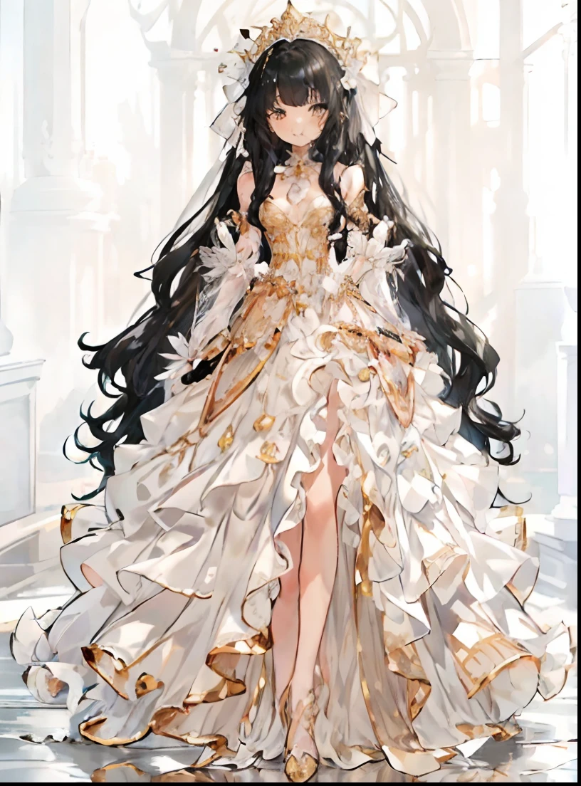 Ultra-realistic photo of a girl in a majestic white and gold mamaid dress, Big beautiful dress, Complex puffy ball gown with lots of frills and rhinestones (Best Quality, masutepiece, art  stations, Fantasy Art:1.2), Palace rooms, Beautiful cute girl, (Black Long Hair:1.3), (Complex short gold skirt, Bare legs:1.2, Full body shot)