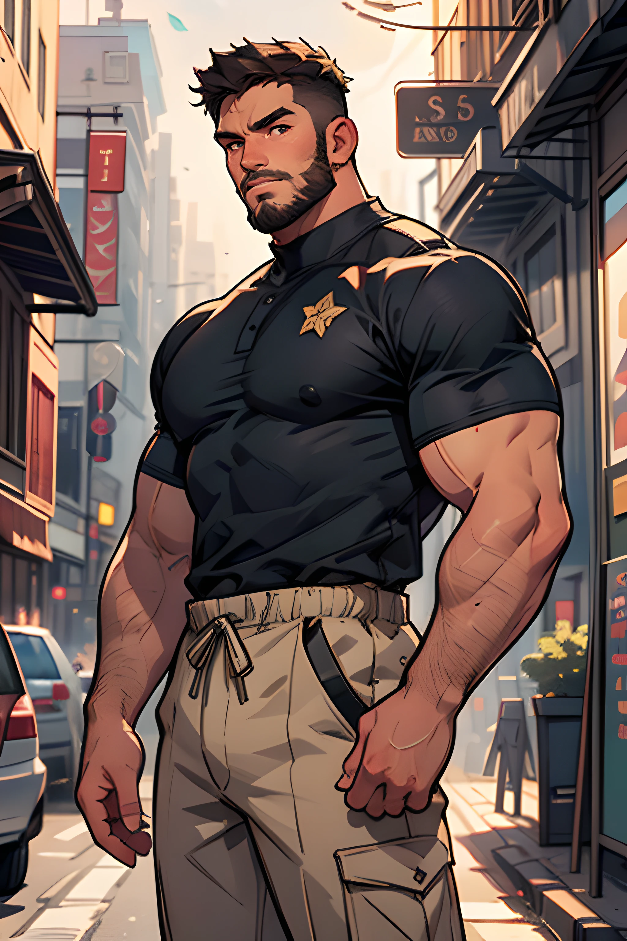 Best quality, masterpiece, super high resolution, detailed background, realistic, illustration, single, 1 boy, muscle man, beard, swat, street, muscular, facial hair, volumetric lighting, depth of field,black clothes