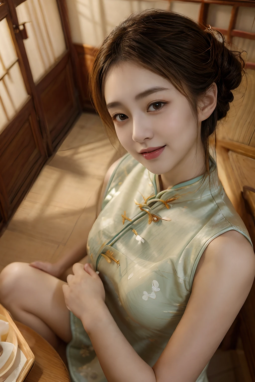 ​masterpiece、8K、32K、top-quality、(A cute Japanese woman)、detail portrayal、1 girl in、elegent、A sexy、(Cheongsam:1.3)、(Chinese temple)、cowboy  shot、ssmile、Angle from above