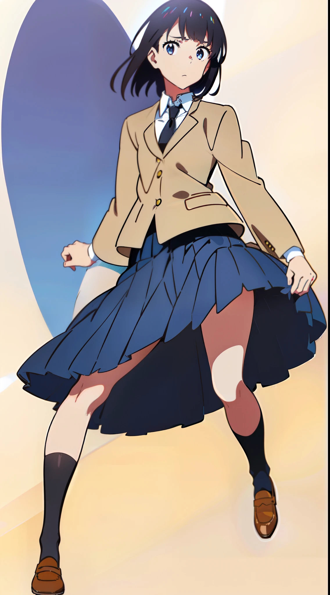 (white background:1.2), (best quality:1.2), (masterpiece:1.2), (full body:1.0), (solo:1.0), (1 cute girl:1.0), (long skirt:1.2), (dark blue skirt:1.0), (pleated skirt:1.0), (school uniform beige blazer:1.2), (dark blue necktie:1.0), (black socks:1.0), (loafers:1.0), (tall:1.1), (slender:1.1), (small breasts:1.1), (detailed beautiful eyes:1.0), (detailed beautiful face:1.0), (glowing black eyes:1.0), (short hair:1.0), (strait hair:1.0), (black hair:1.0)