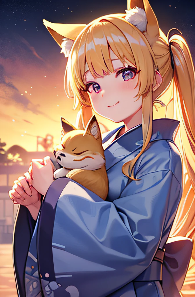Gold eyes,tareme,The upper part of the body_Body, Front view, fatness, Little,child,10 years old, hime-cut, wept bangs, fox ear, blue yukata,Blonde hair, Long hair,Shiny hair, Seductive smile, Beautiful detailed eyes