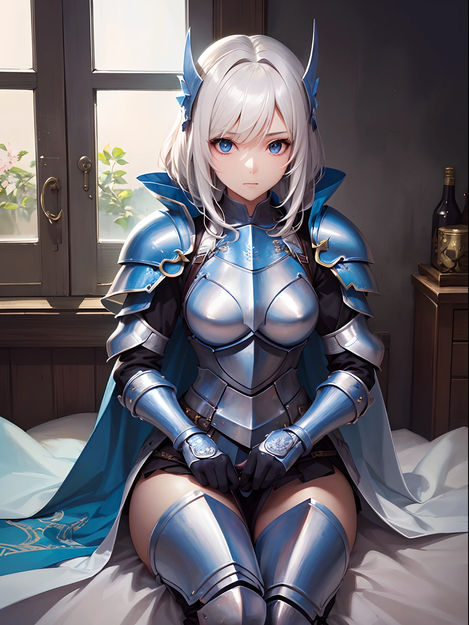 ((Finest quality)),(超A high resolution),(ultra-detailliert),(Meticulous portrayal),((Best Anime)),The best art.,sharpnes,Clair,natural soft light:1.3, (1 female knight),Set up a lance:1.3,(Blue Armor,Edging with intricate design)