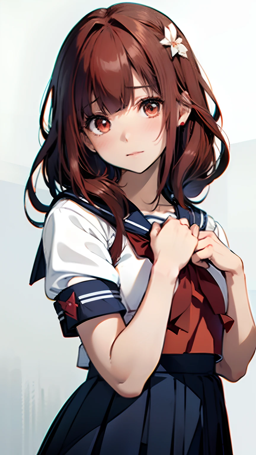 blush, cleavage, ,brown hair, red eyes, red fingerless gloves,glowing aura, natural light, masterpiece, glossy skin, juicy lips ,long hair, cute, kawaii, adorable, reaching up, adult, cuddle, kawaii clothes,random hair style, random clothes, sad, crying, upset