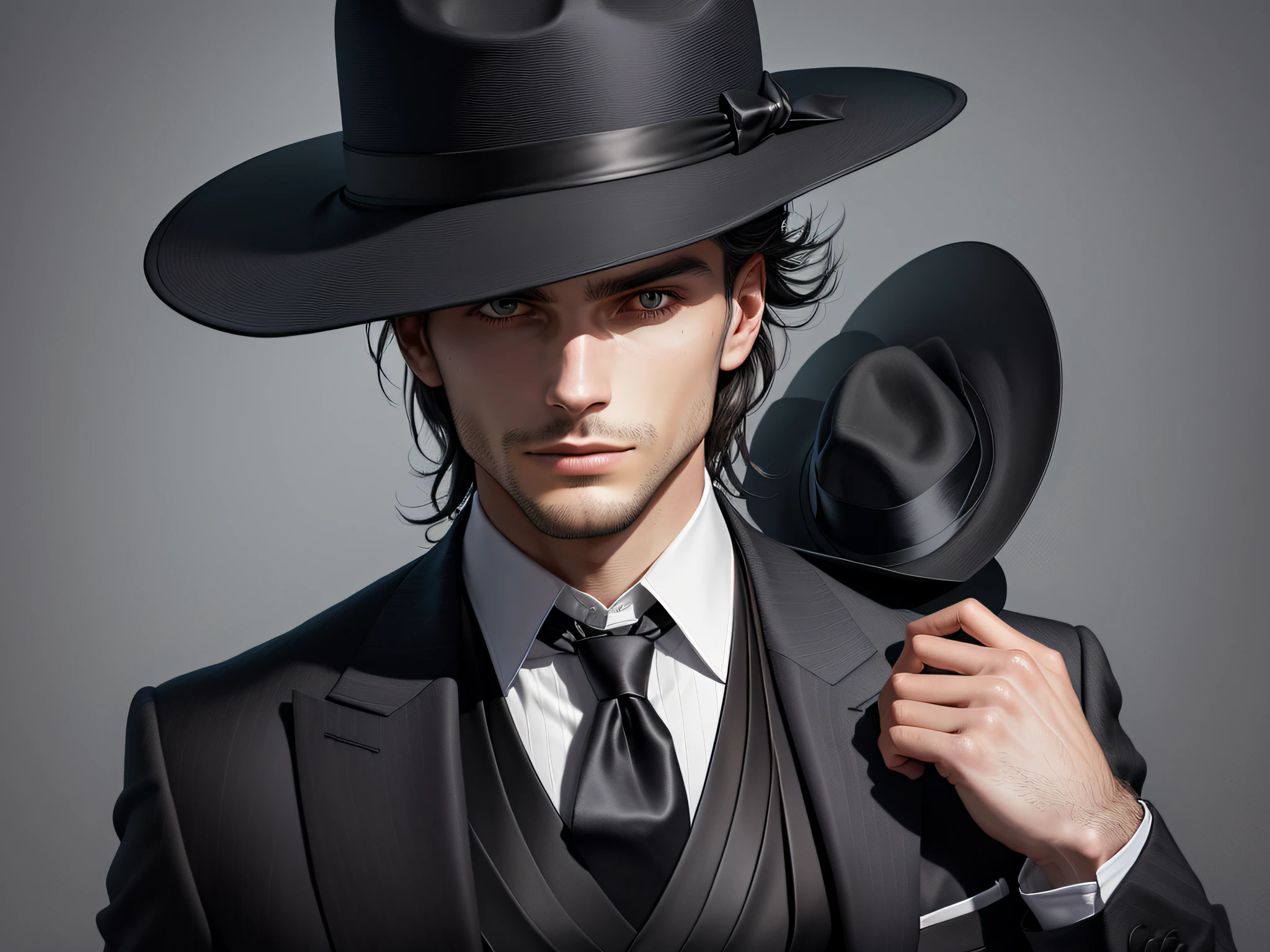 Painting of a man in suit and tie with a hat, Mysterious man, Un homme en costume avec un chapeau, Homme en noir, informateur obscur, Black Detective and a Fedora, chapeau noir, Drawn in a neo-black style, Dark and strange character, personnes sans visage sombres, Mysterious portrait, Homme en costume noir, Costume et cravate, costume sombre