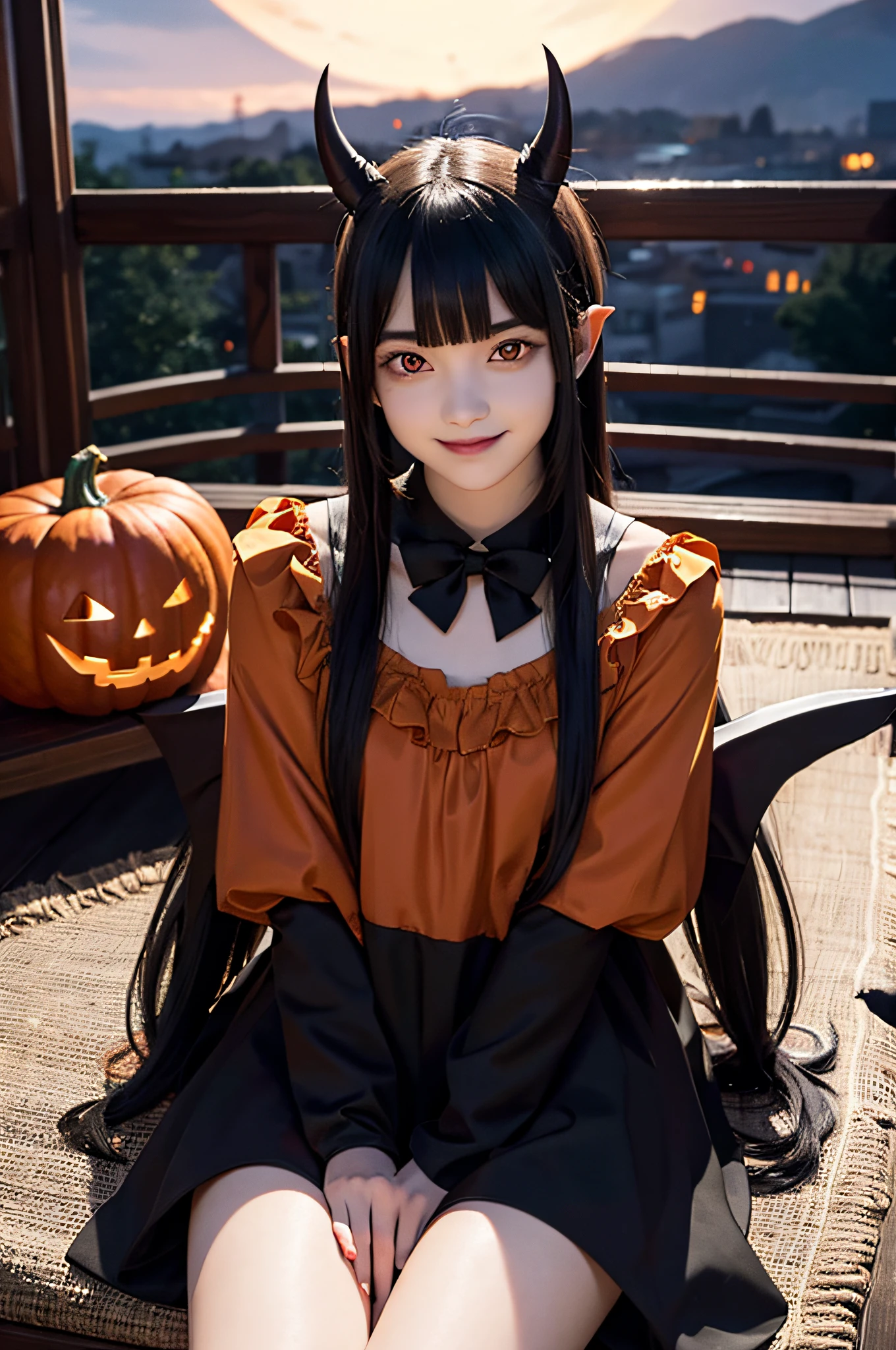Halloween, pumpkin, long black hair, red eyes, smile, blunt bangs, ahoge, night, pointed ears, small demon horned head, moon, sitting ,vampire