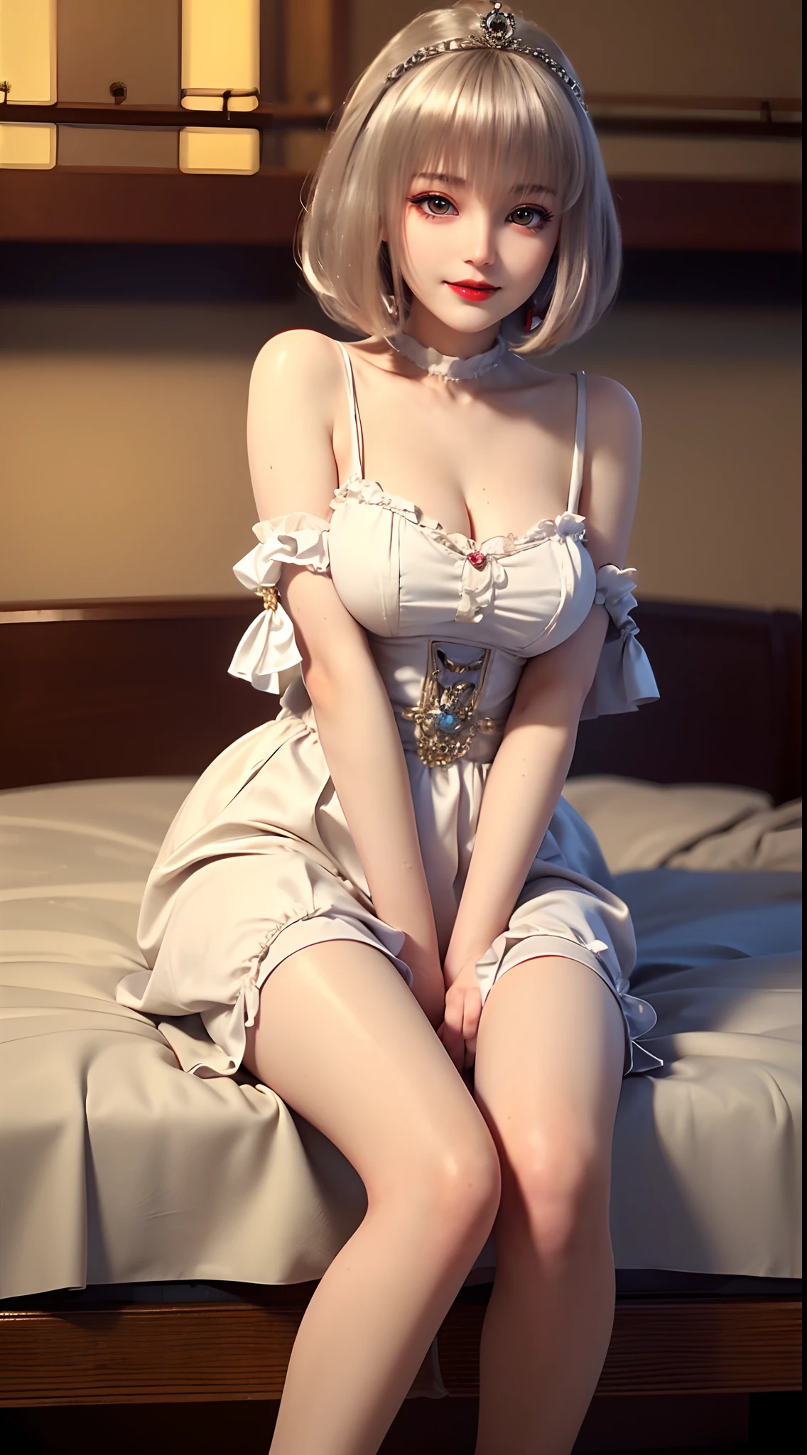 1 beautiful girl, ((wearing a beautiful antique princess dress:1.2)), hanfu style, short neck length platinum hair, the very shy girl looks so lovely, her face was small and flawless, Her cheeks were red from embarrassment, big round sparkling eyes, black pupils, silver eyes, long eyelashes with wet makeup, cute little lips, (((mouth closed and not smiling:1.5))), perfect body, big and super round breasts, arms clasped behind her,long smooth white bare legs, ((frontal portrait:1)),