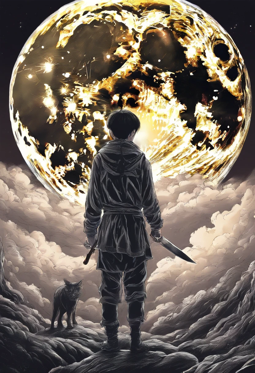 Full Moon Night、A boy with a knife looks up lonely on the corpse
