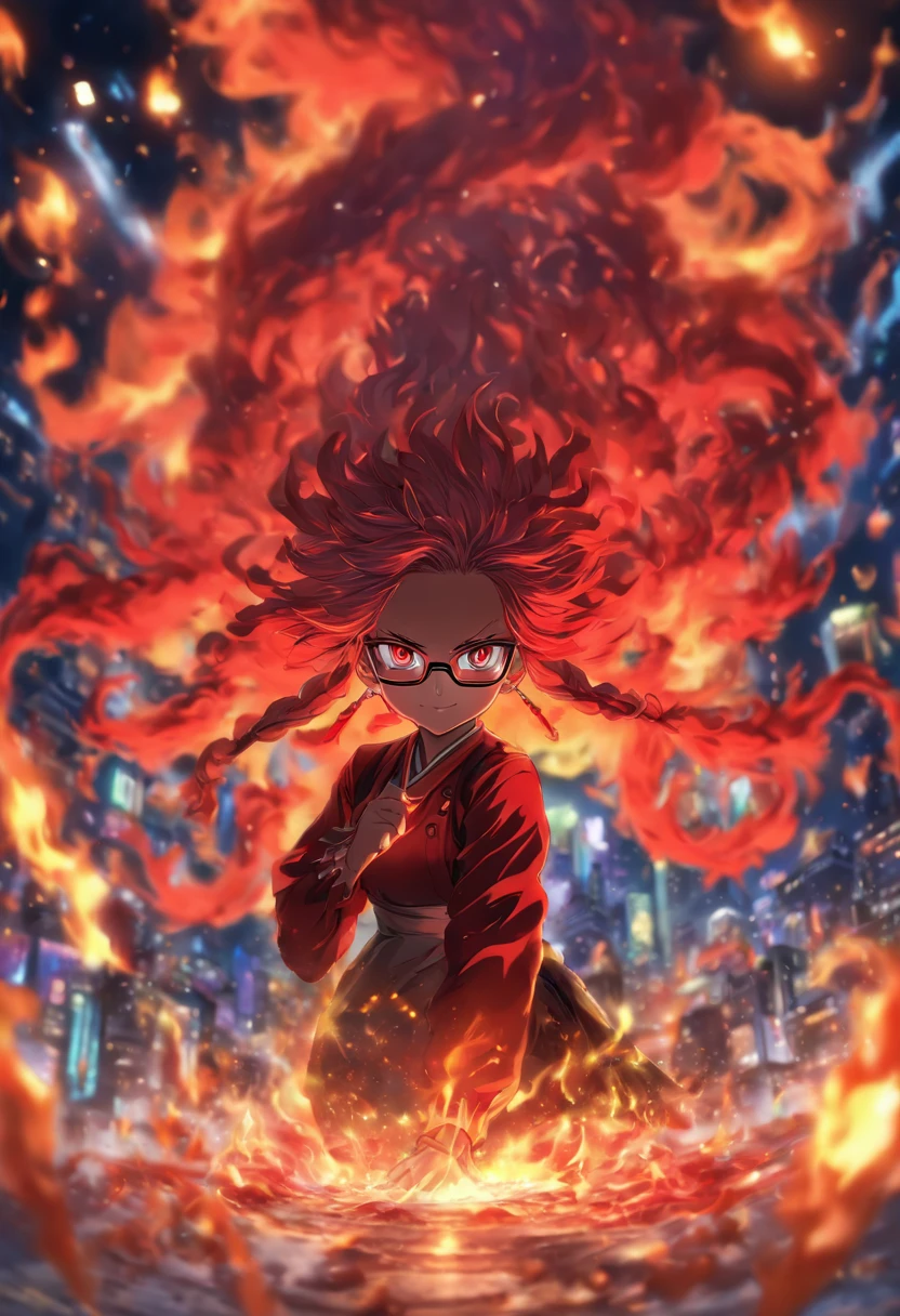 animemanga girl，（Red demon horn），sliver long hair，gold-wire glasses，（（the maid outfit）），Surrounded by flames，Indifferent face，4k画质