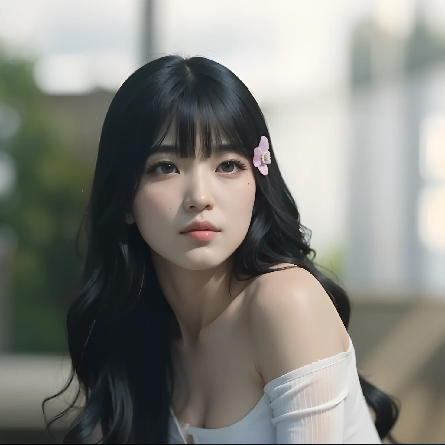 There is a woman with long black hair and a white top, Ela tem cabelo preto com franja, Bae Suzy, Sui Ishida com cabelo preto, O corte Hime, Mulher sul-coreana bonita, iu lee ji-eun as a super villain, preto hime corte cabelo, Atriz coreana bonito, japanese live-action movie, ainda de um filme live action, suzy, lee doona.