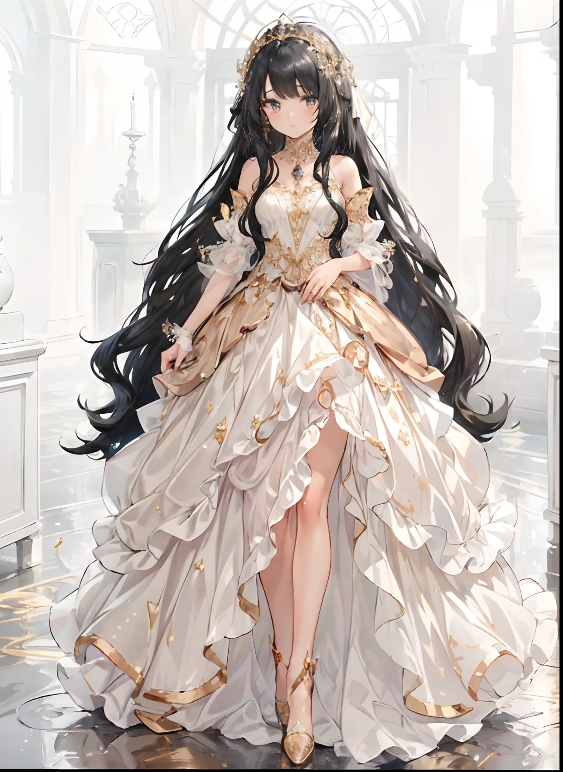 Ultra-realistic photo of a girl in a majestic white and gold mamaid dress, Big beautiful dress, Complex puffy ball gown with lots of frills and rhinestones (Best Quality, masutepiece, art  stations, Fantasy Art:1.2), Palace rooms, Beautiful cute girl, (Black Long Hair:1.3), (Complex short gold skirt, Bare legs:1.2, Full body shot)